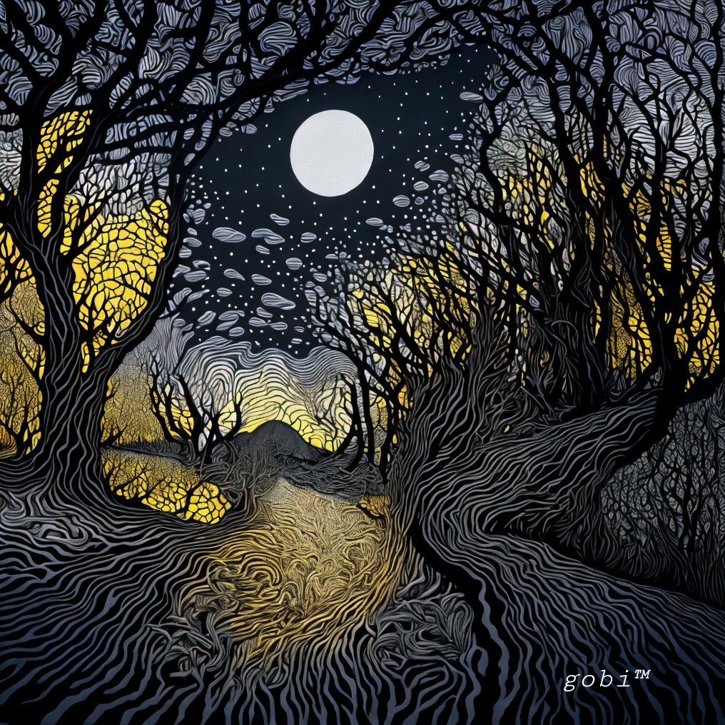 Nocturnal landscape featuring bare trees and a full moon