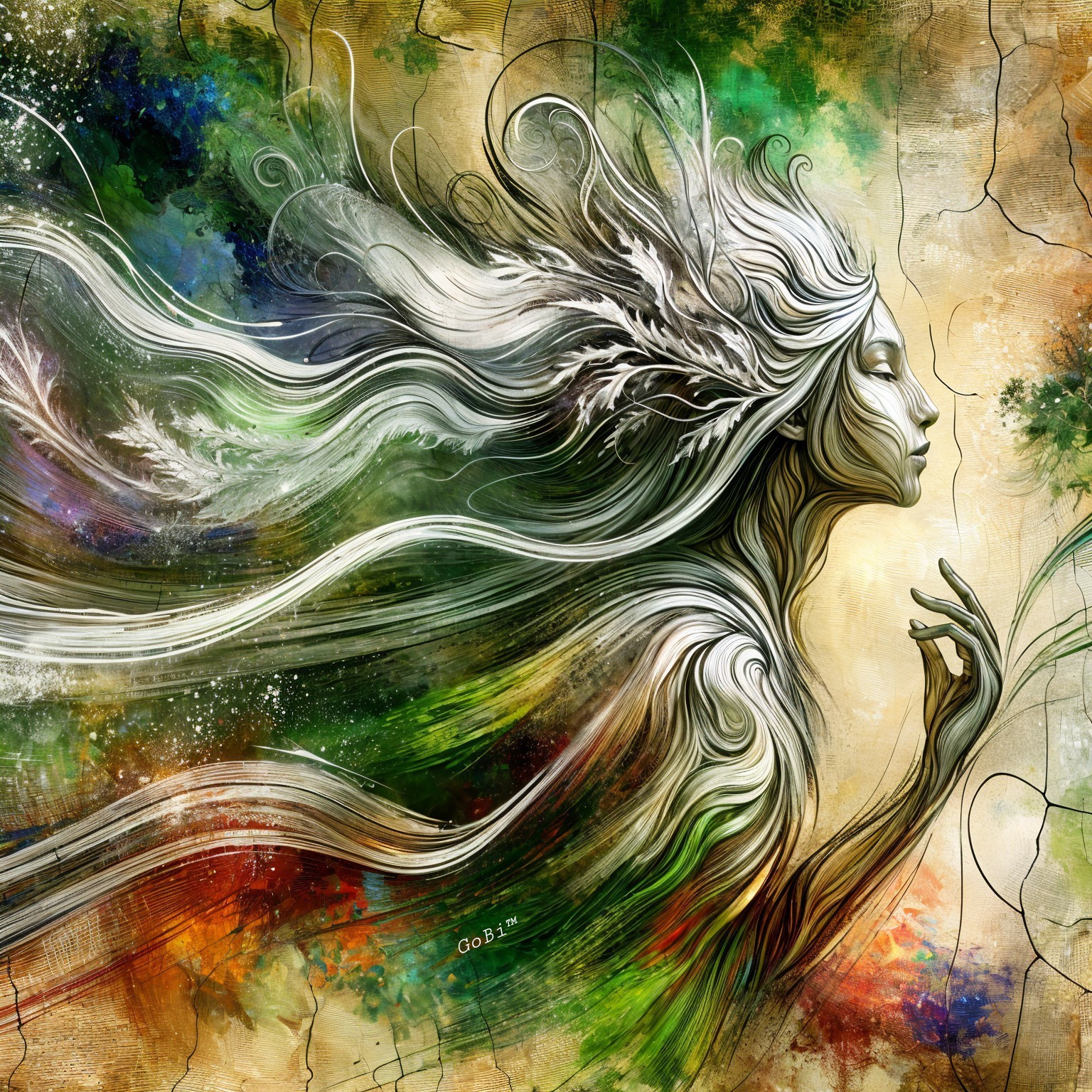 Ethereal Figure Surrounded by Vibrant Colors and Nature