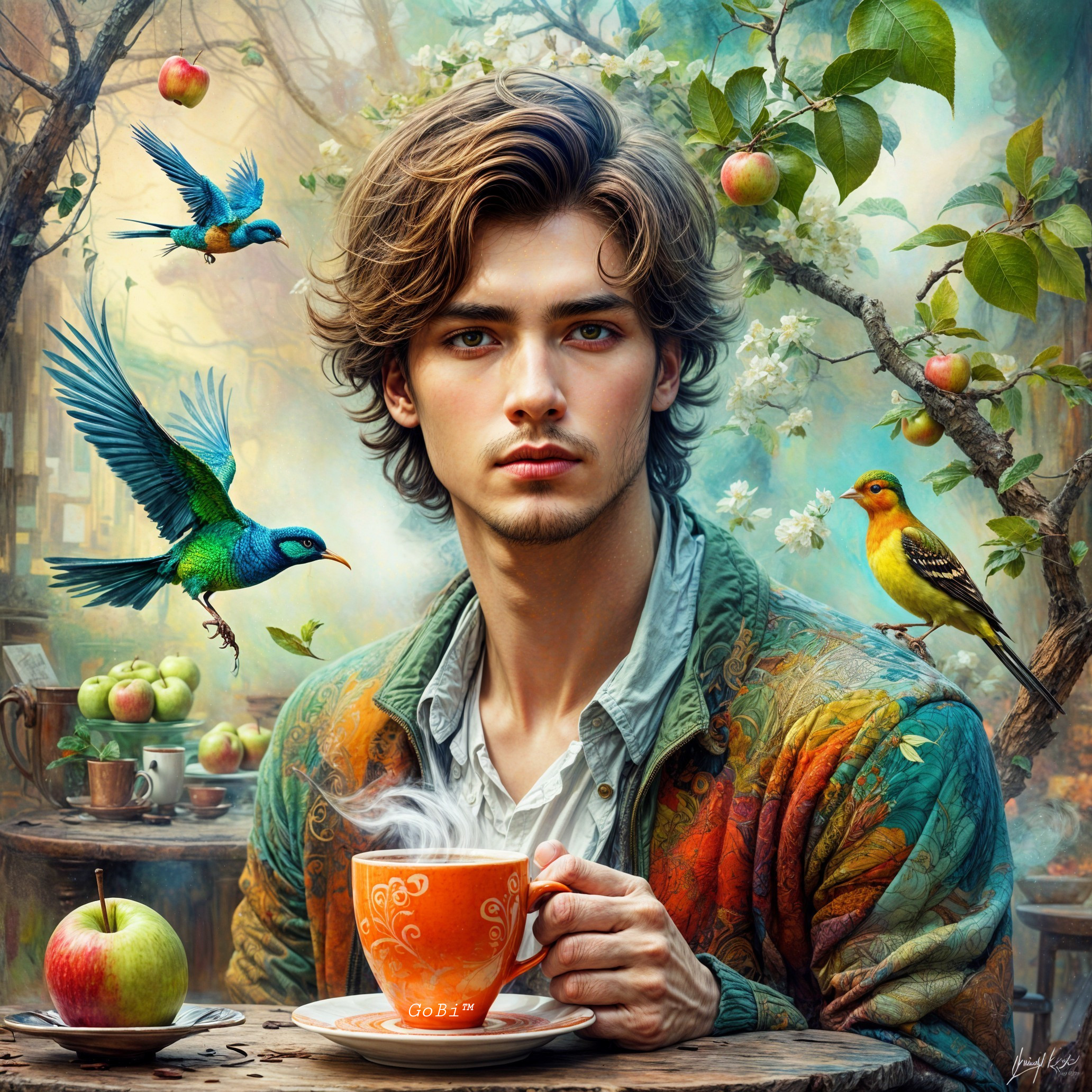 Young man in enchanted garden with steaming cup