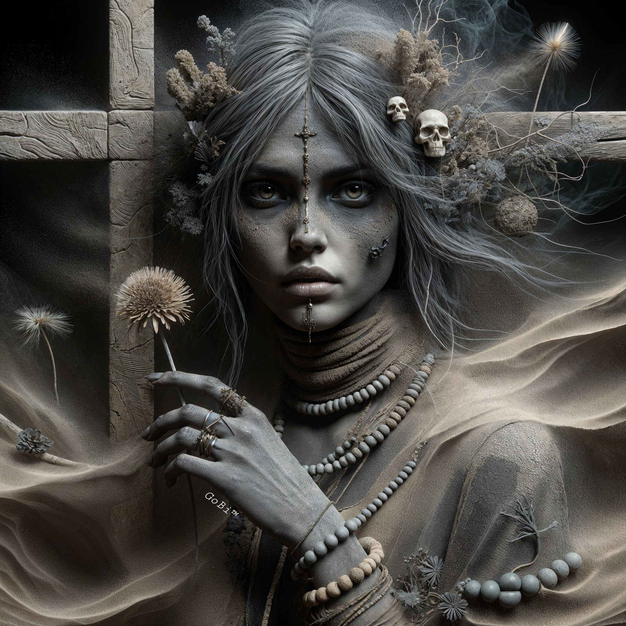 Haunting figure with pale skin and dried flower crown