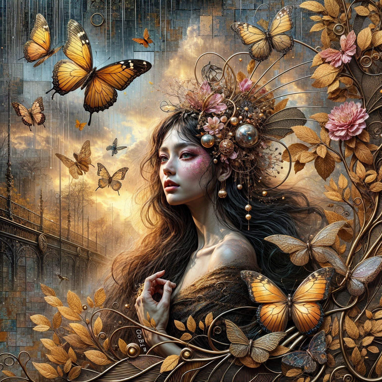 Woman in Floral Headdress Surrounded by Butterflies