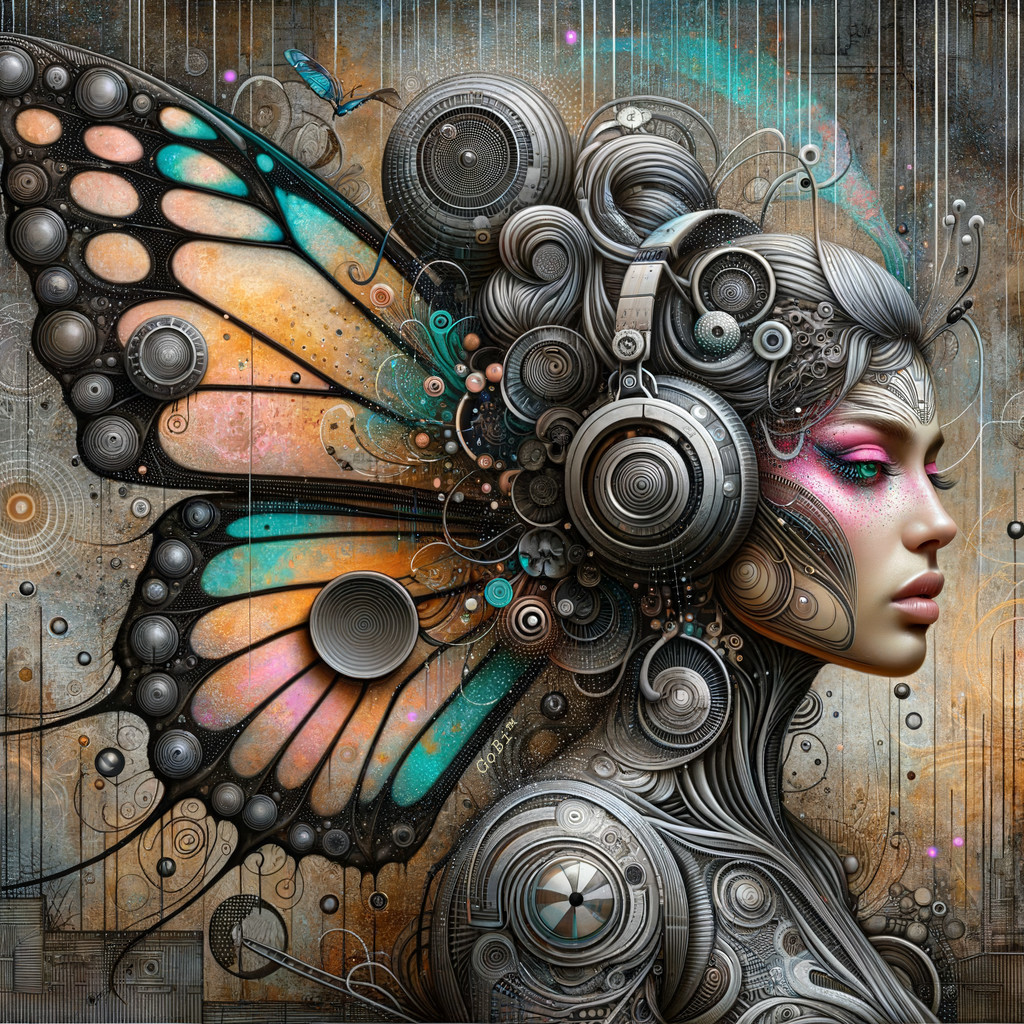 Futuristic Woman with Metallic Hair and Butterfly Companion