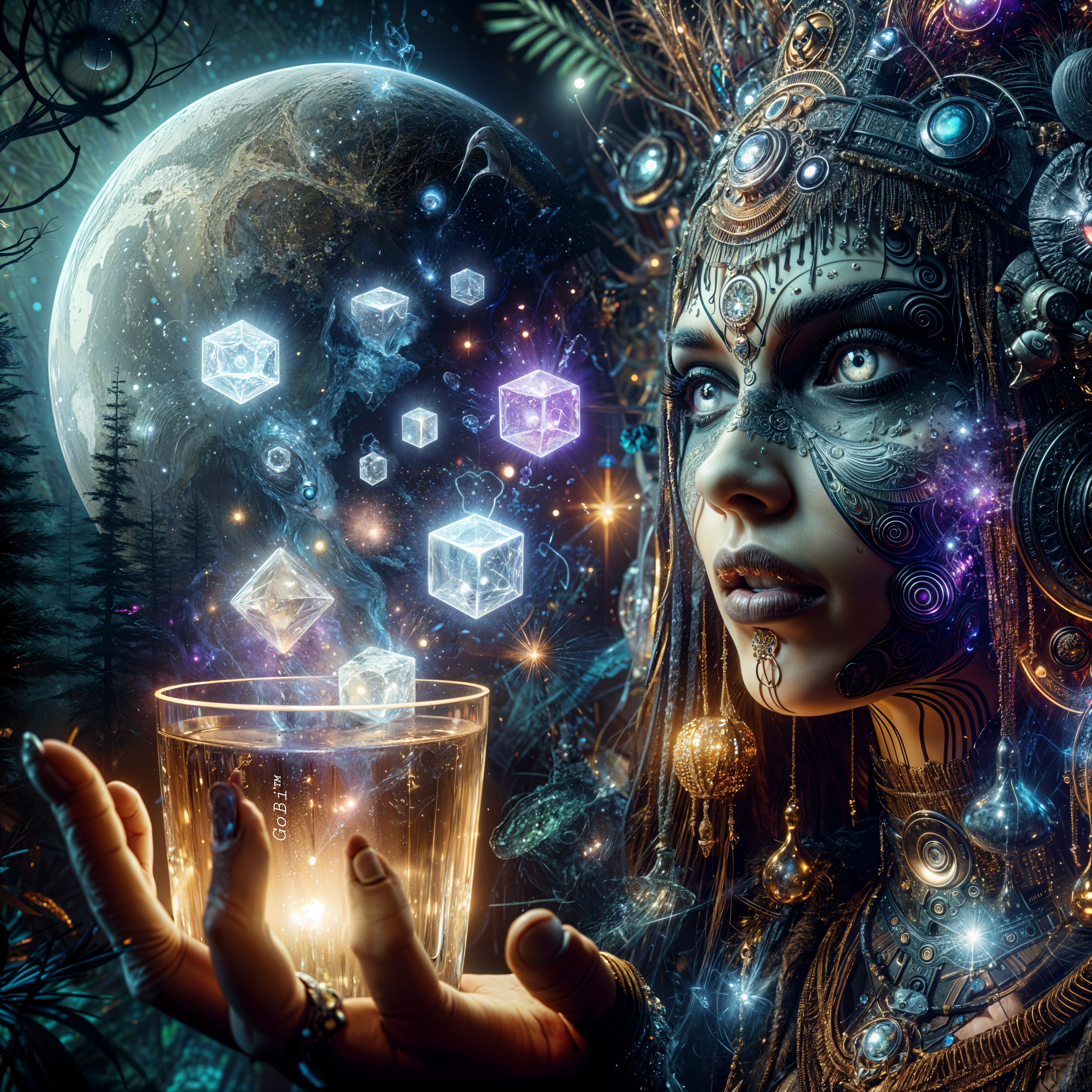 Mystical Figure with Jewelry in Starry Night Scene