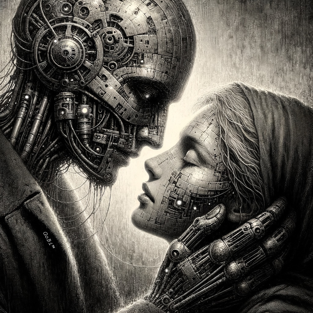 Futuristic Robot and Human Connection in Artwork