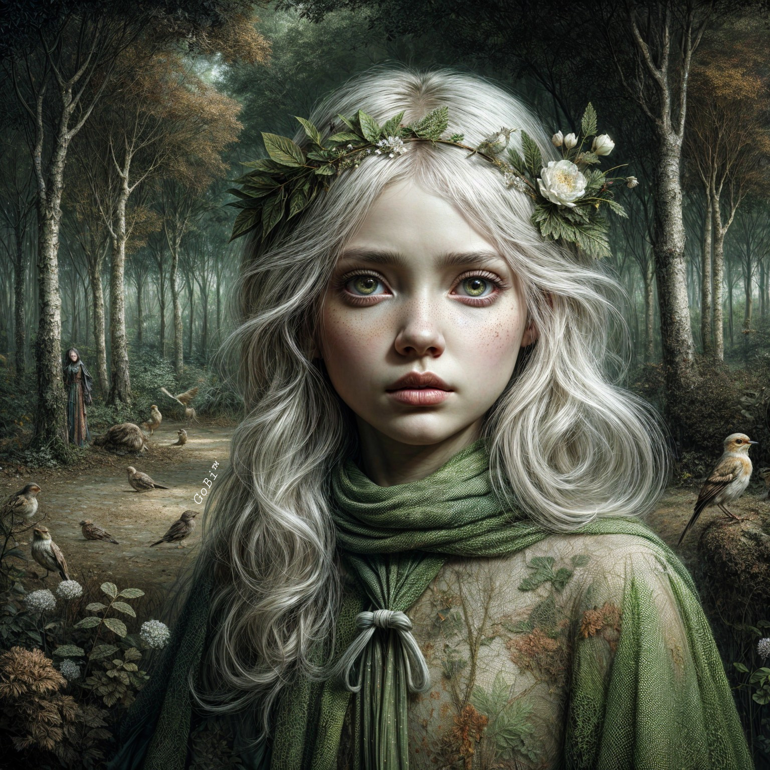 Young girl with silver hair in a lush forest setting