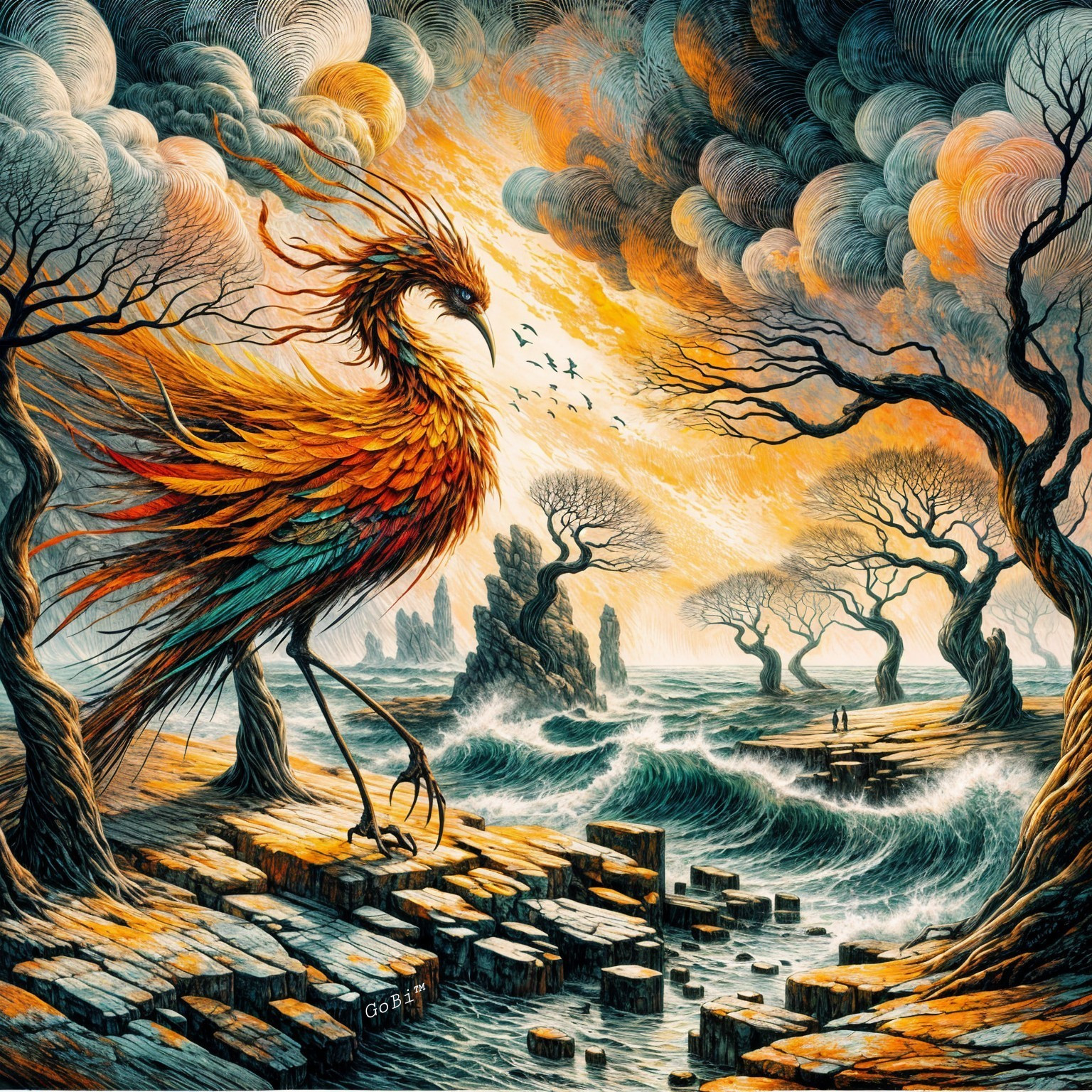 Majestic Phoenix on Rocky Shoreline with Turbulent Waves