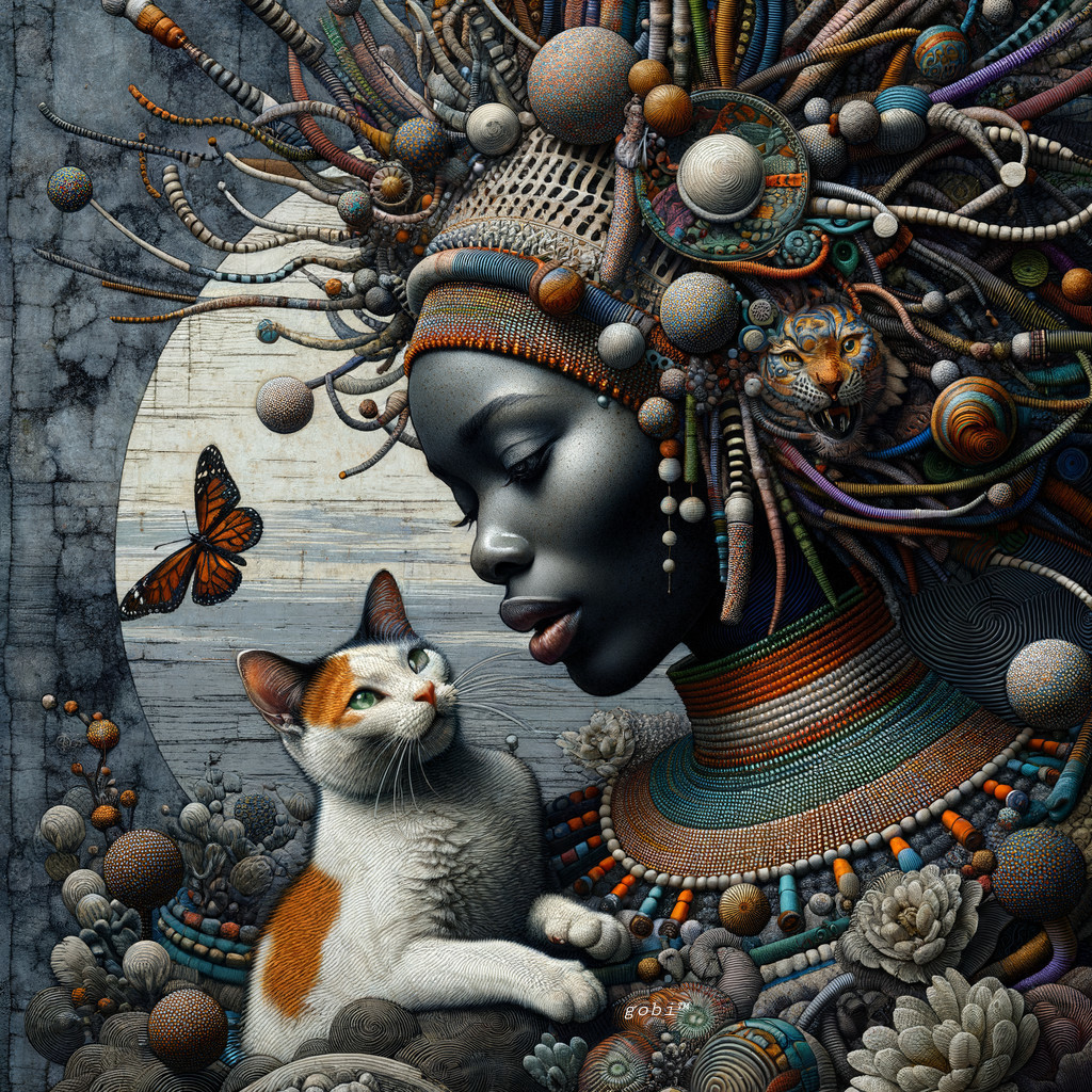 Portrait of a Woman with Cat and Ethereal Elements