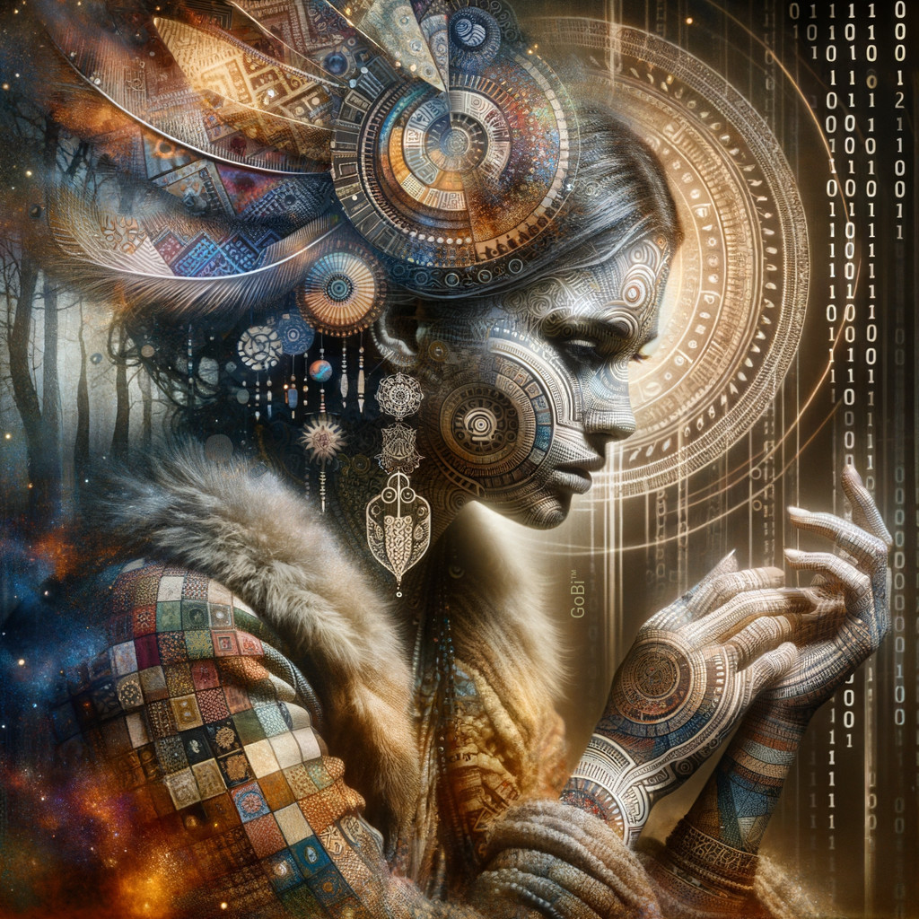 Mystical Figure with Cosmic Elements and Geometric Patterns