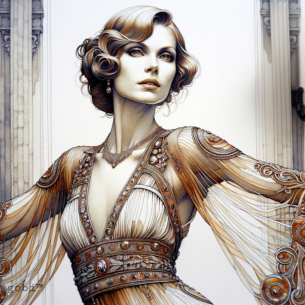 Curly-Haired Woman in Vintage Dress with Intricate Patterns against Architectural Backdrop