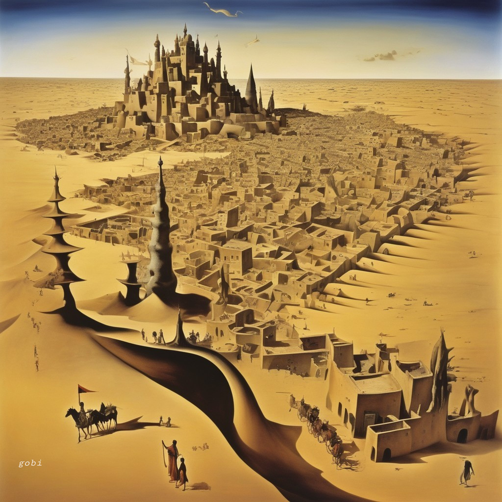 Surreal Desert Landscape with Castle and Village Elements