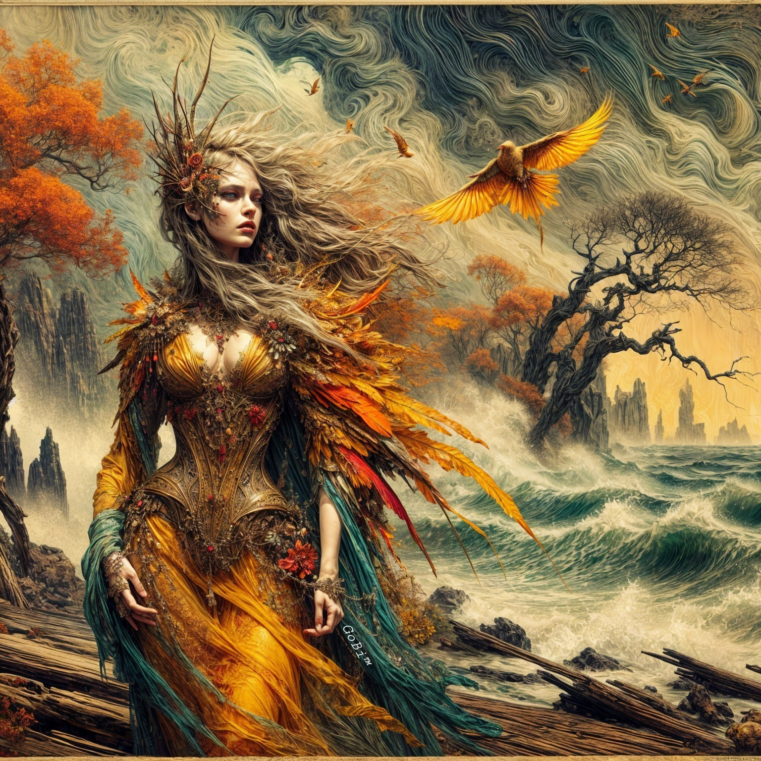 Mystical Figure in Nature with Autumn Gown and Waves
