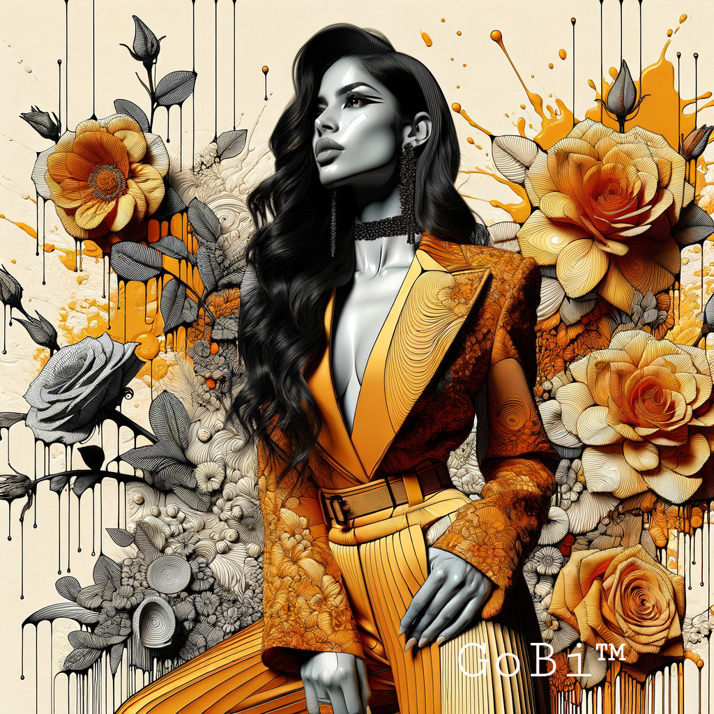 Monochromatic woman in orange suit amidst vibrant flowers & abstract patterns
