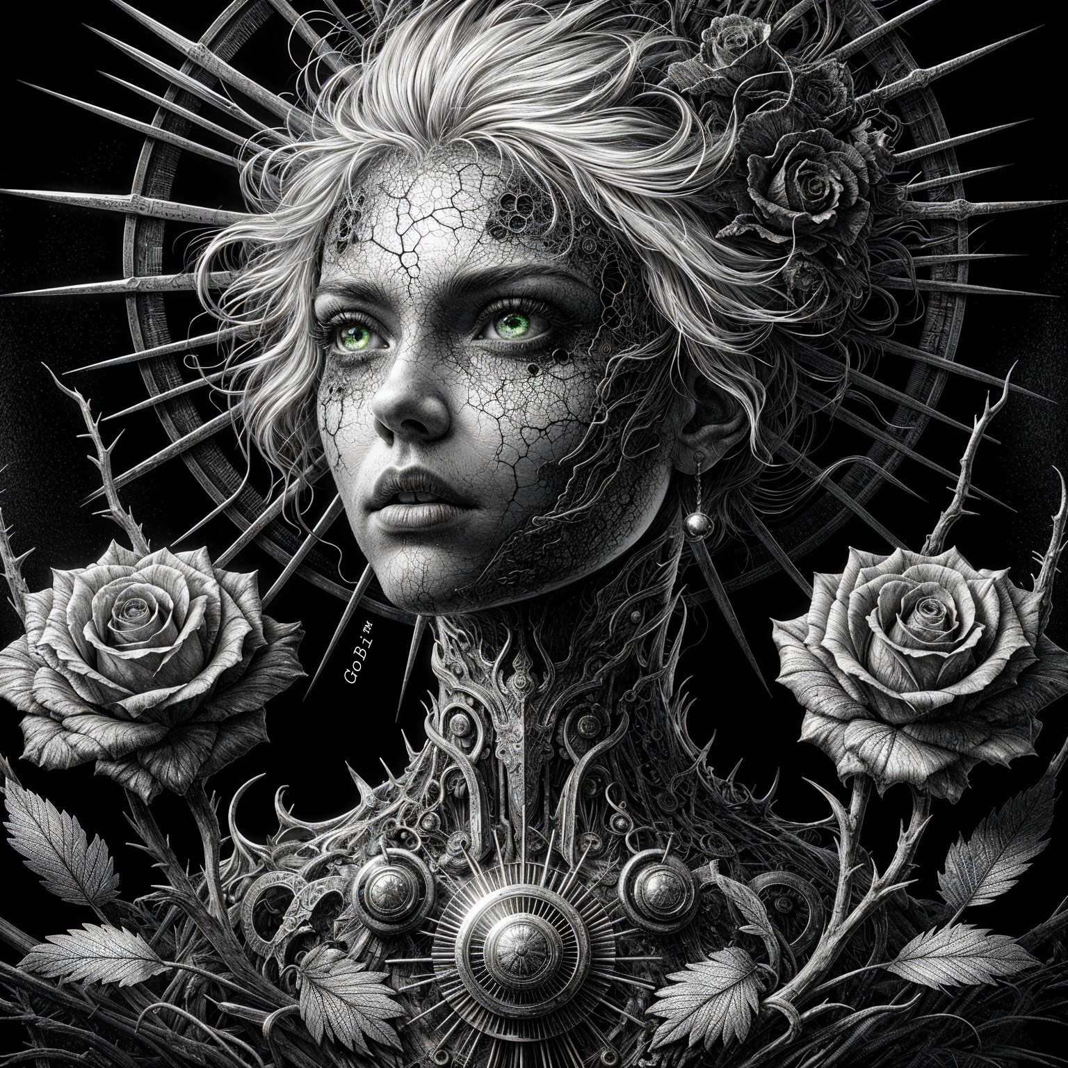 Intricate Artwork of Female Figure with Roses and Halo