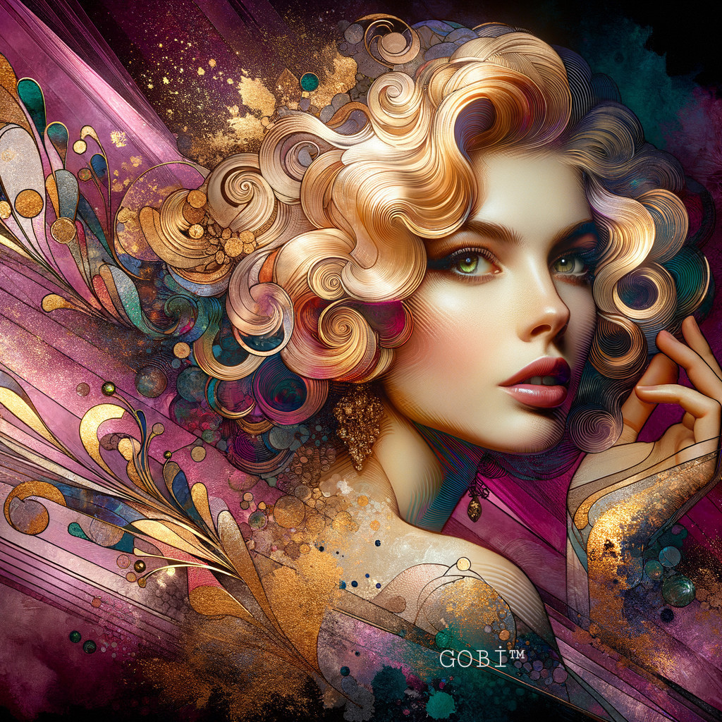 Vivid art nouveau woman with golden curls and cosmic wings