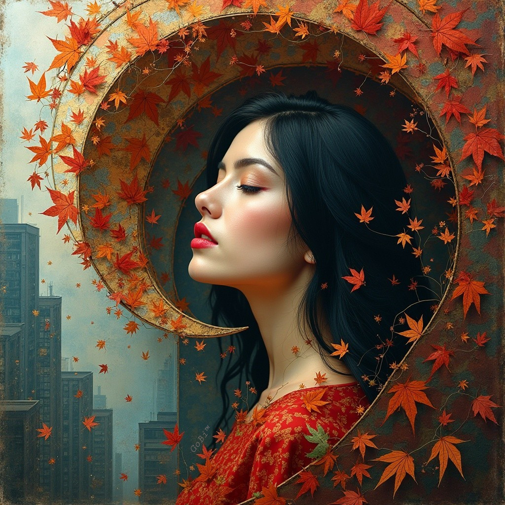 Profile of a Woman Amidst Vibrant Autumn Leaves