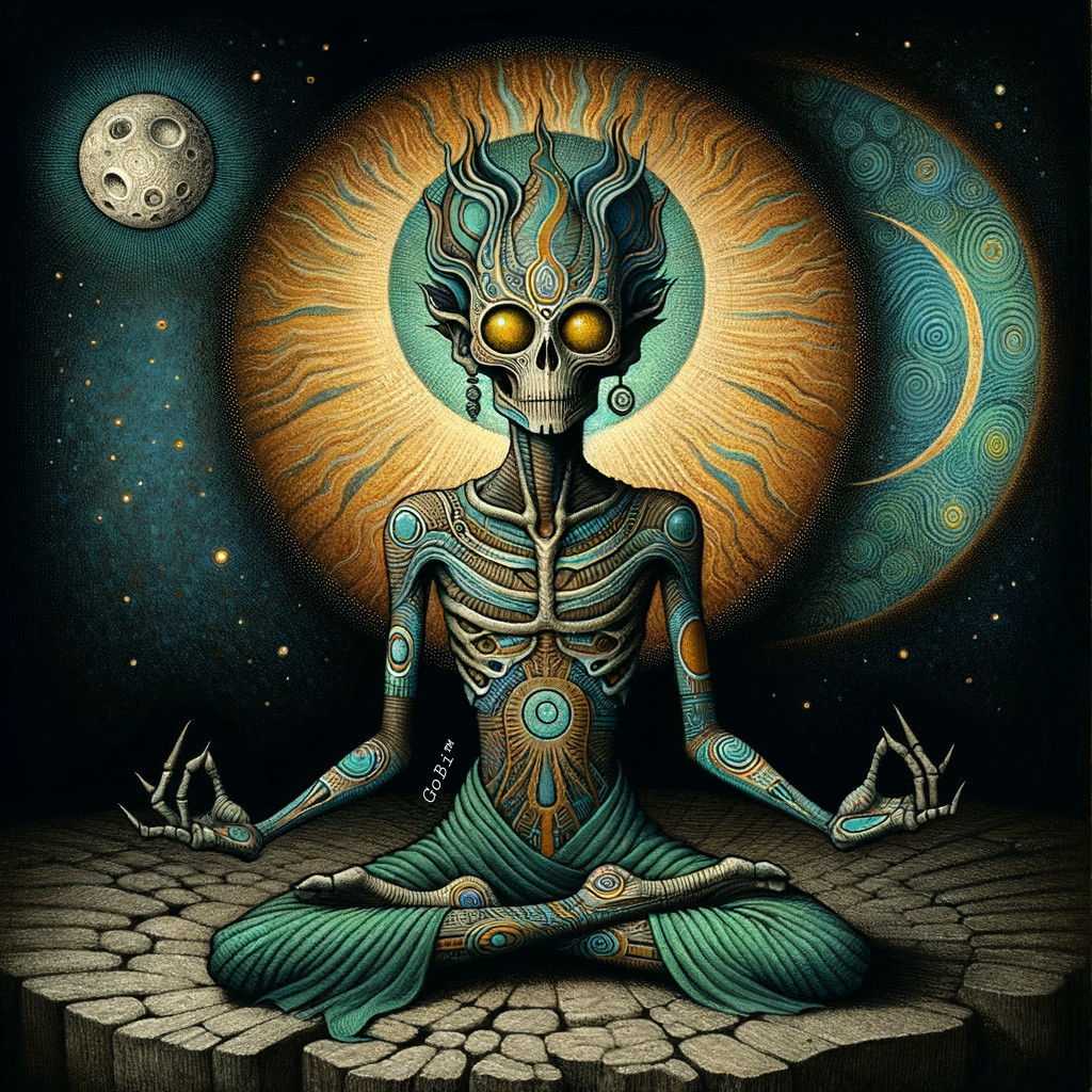 Surreal Skeletal Figure in Cosmic Meditation Scene
