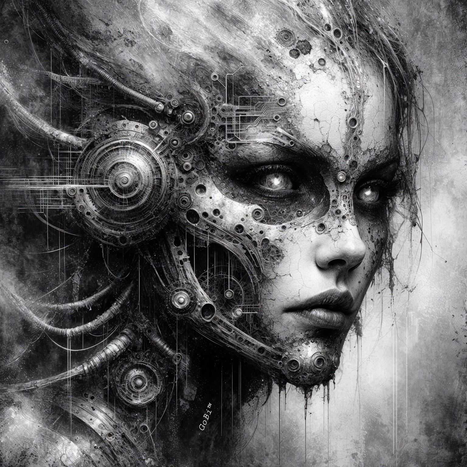 Futuristic Cybernetic Portrait in Black and White