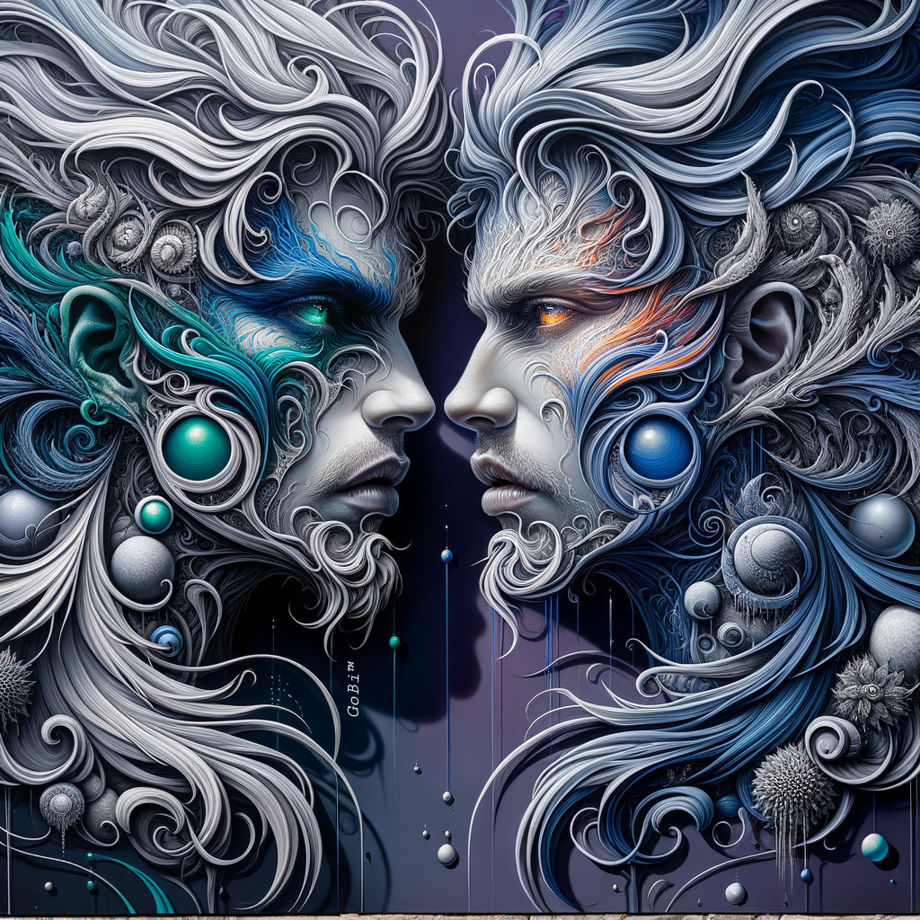 Surreal Artwork of Two Confronting Faces with Colorful Details