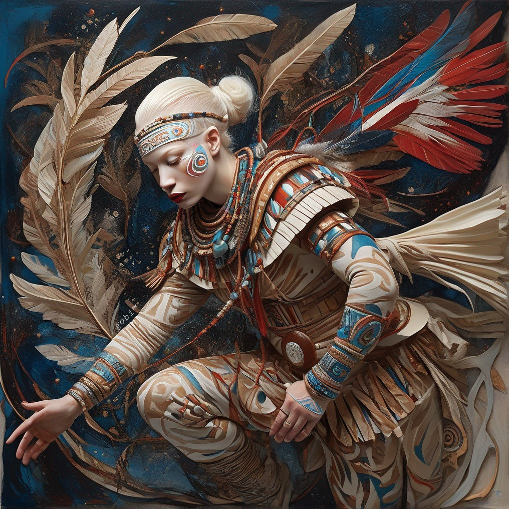 Tribal-Inspired Figure in Vibrant Attire and Colors