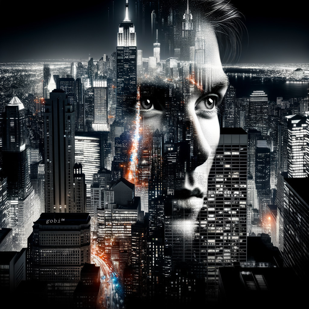 Cityscape at Night with Introspective Close-Up Face