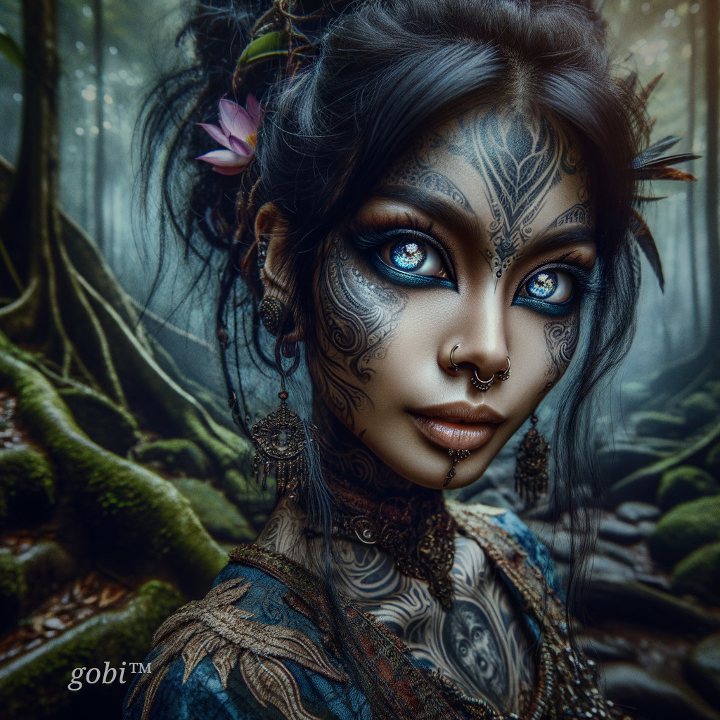 Intricate Tattoos and Jewelry in a Mystical Forest