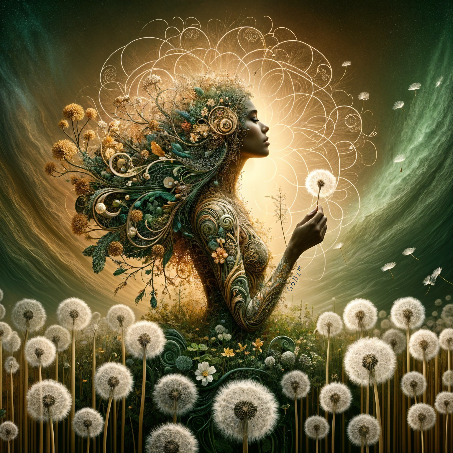 Mystical figure in nature with floral hair and dandelions