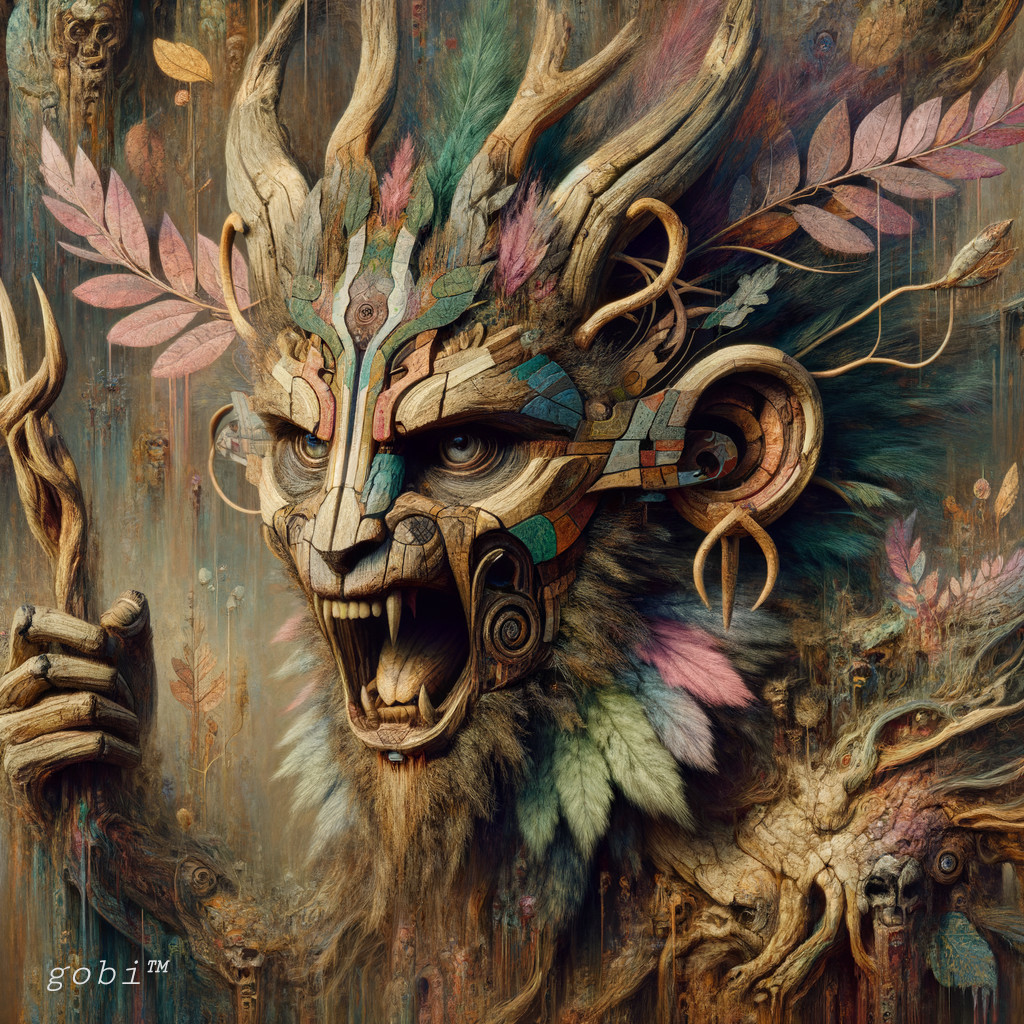 Mystical Creature with Lion Face and Vibrant Foliage