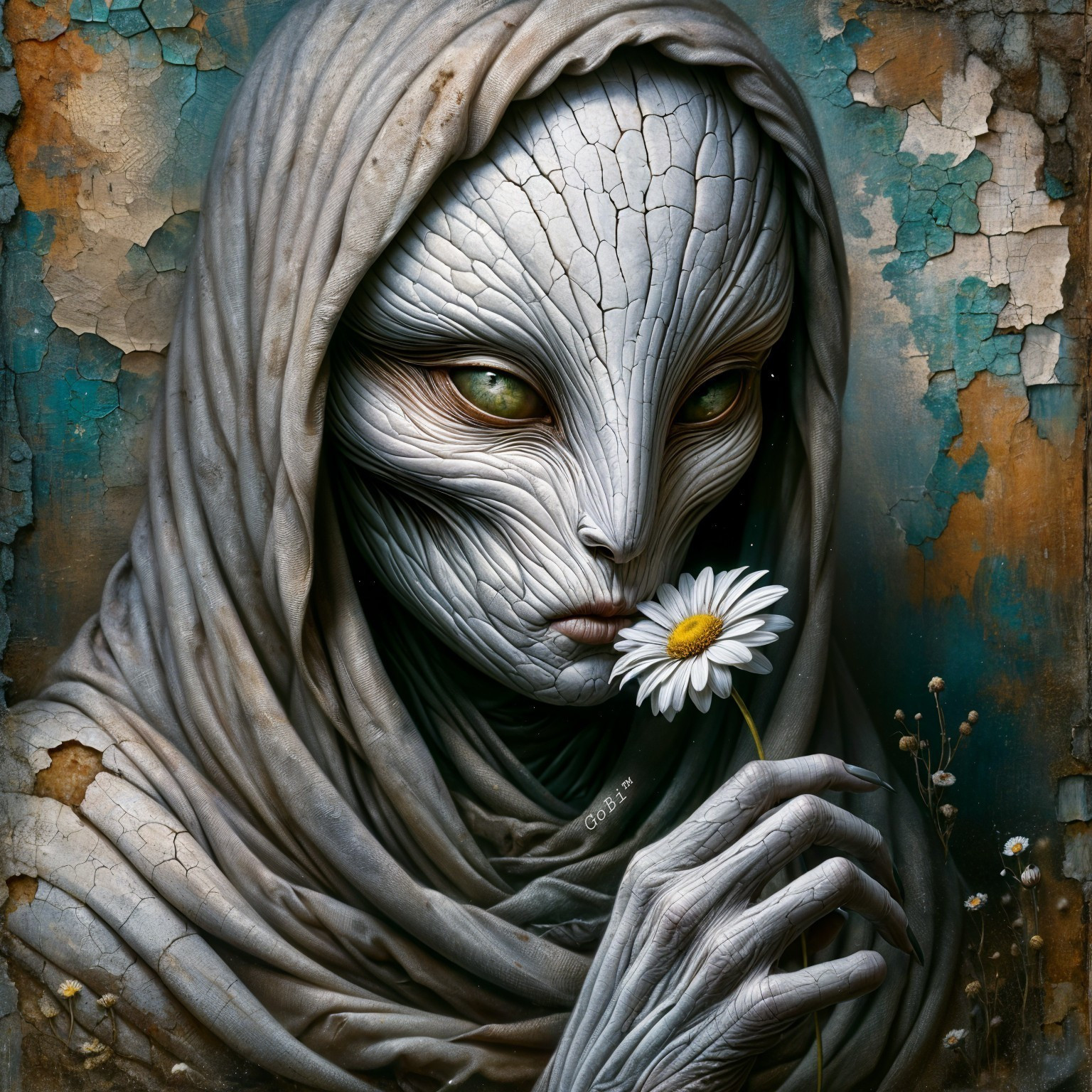 Humanoid Alien with Cracked Skin and Green Eyes