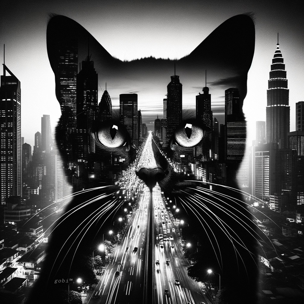 Black and White Cat Silhouette Over City Skyline