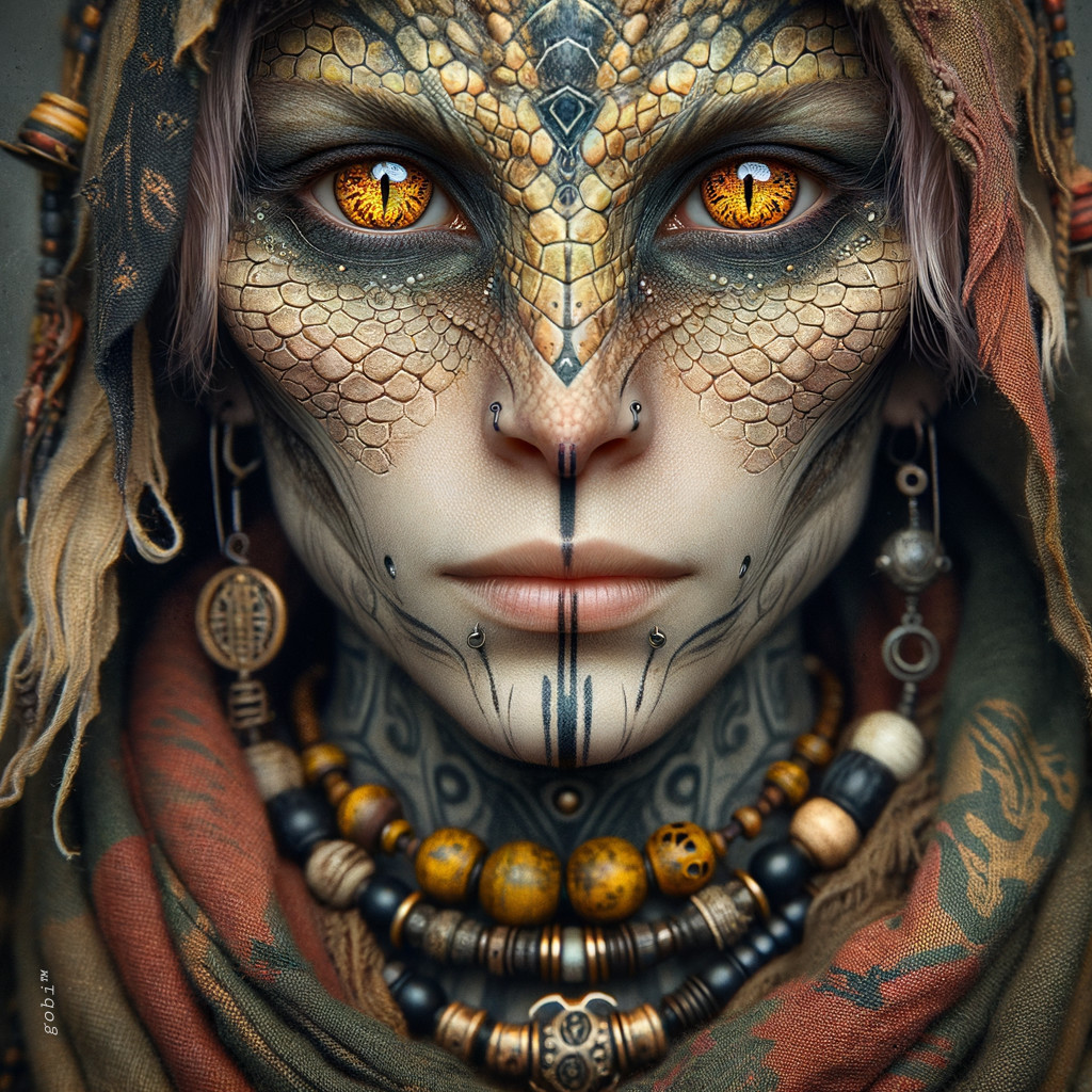 Humanoid Character with Reptilian Features and Jewelry