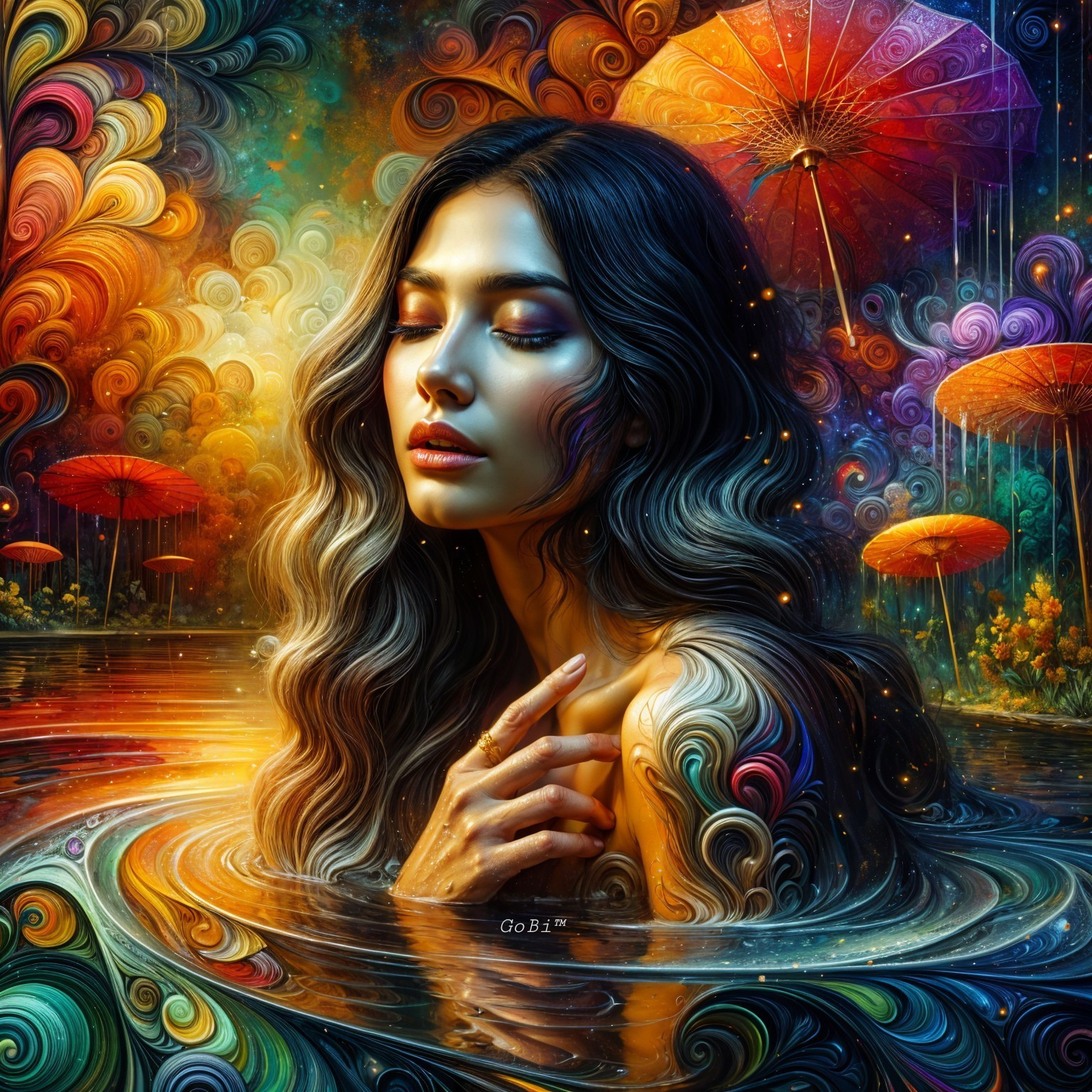 Woman in flowing hair amidst colorful water landscape