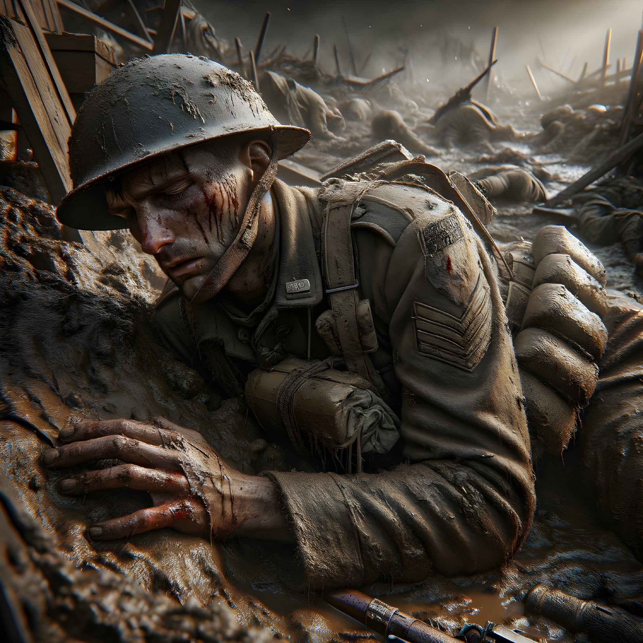 Soldier in Muddy Trench Depicting War's Despair