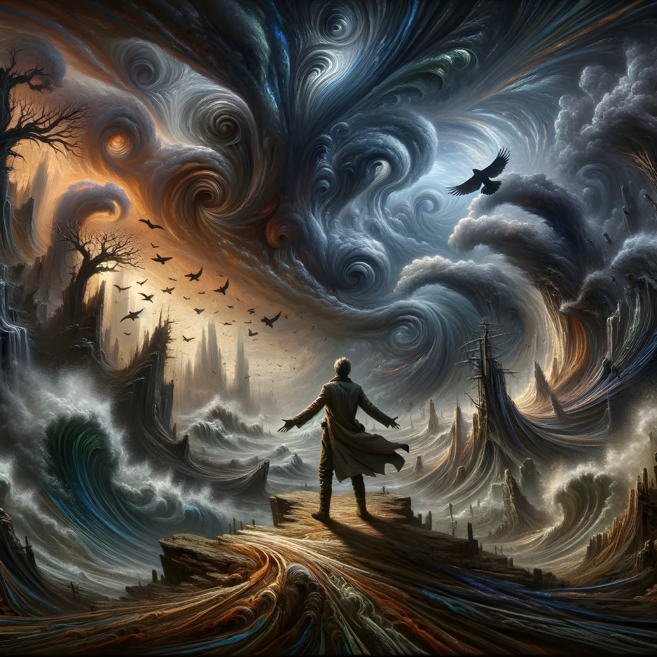 Lone Figure Amidst Cosmic Swirl and Turbulent Landscape