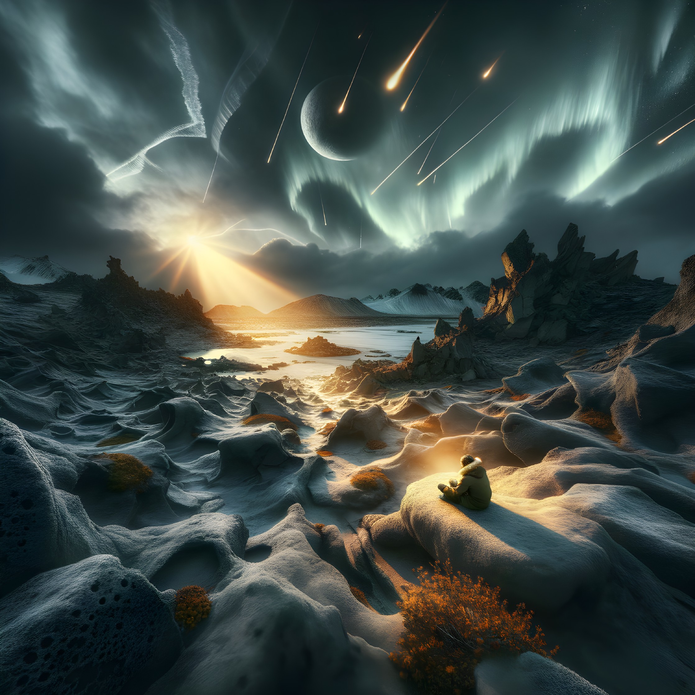 Surreal Landscape with Figure, Aurora, and Mountains
