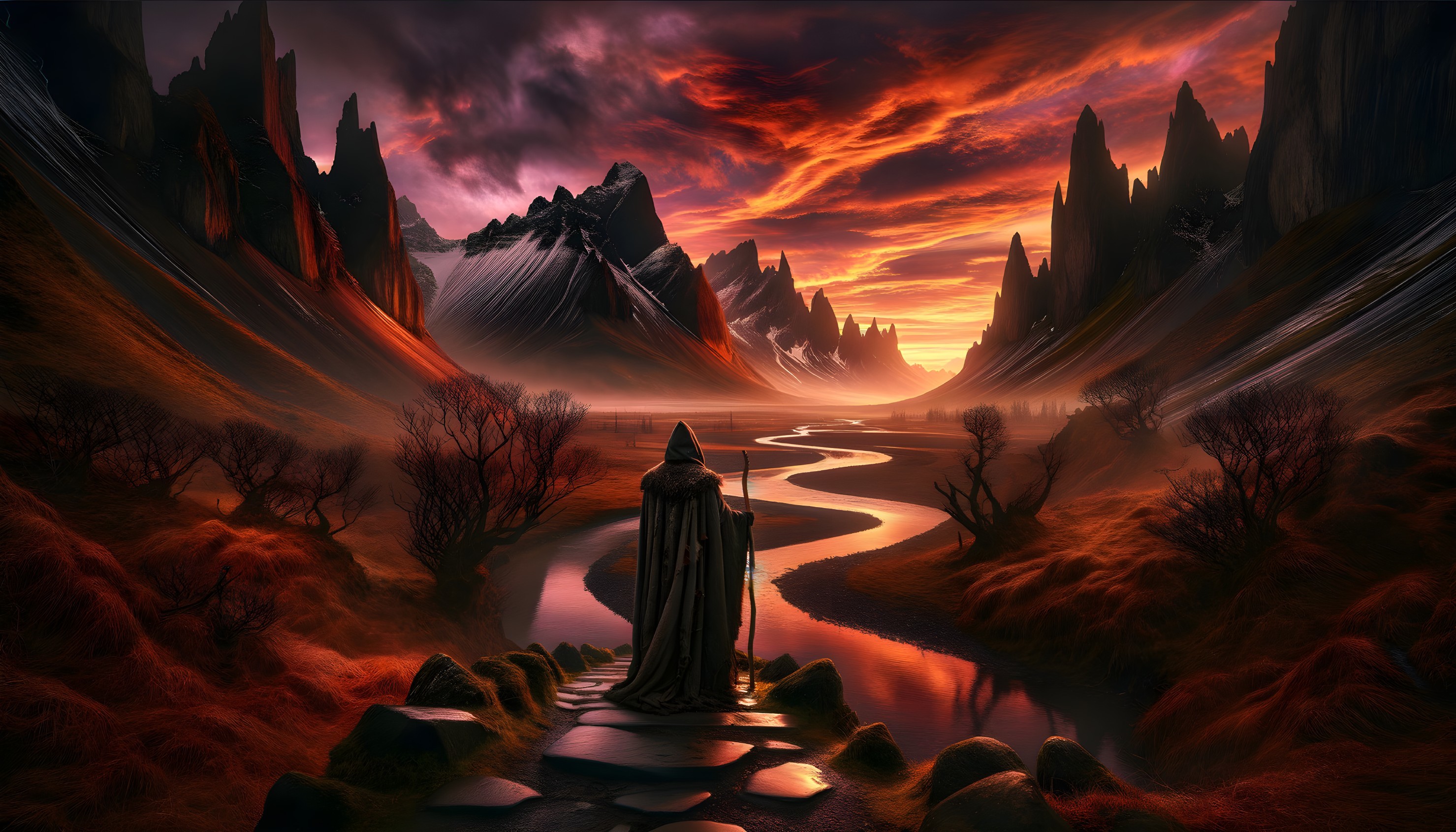 Cloaked Figure on Stone Path with Dramatic Sunset Landscape
