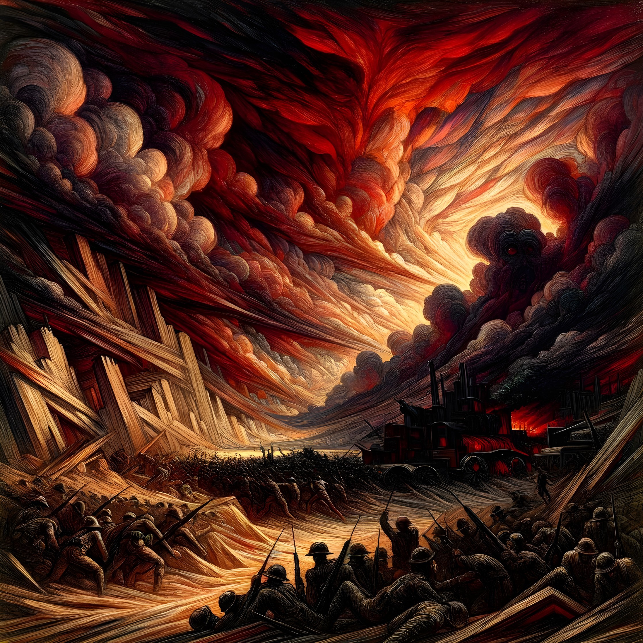 Chaotic Battlefield Scene with Soldiers and Destruction