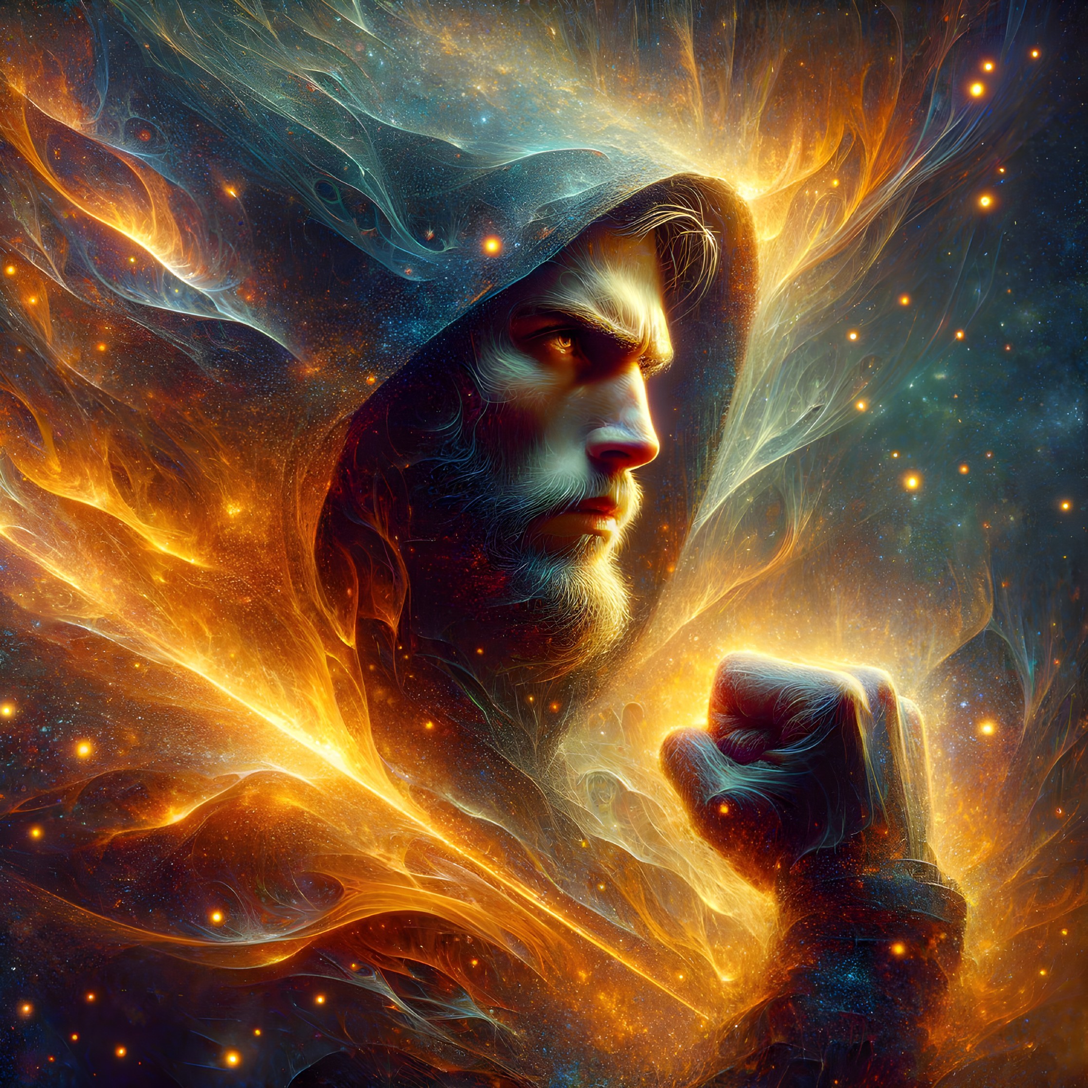 Mystical hooded figure with cosmic background and flames