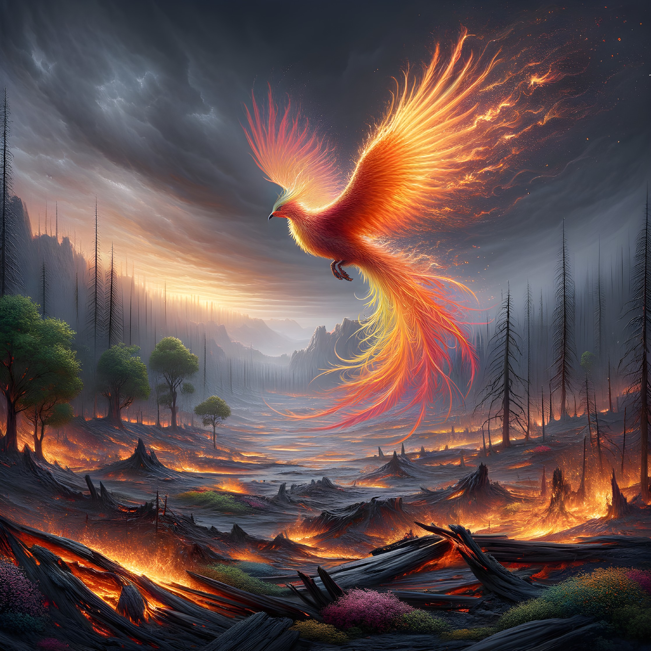 Phoenix Rising from a Scorched Landscape at Twilight