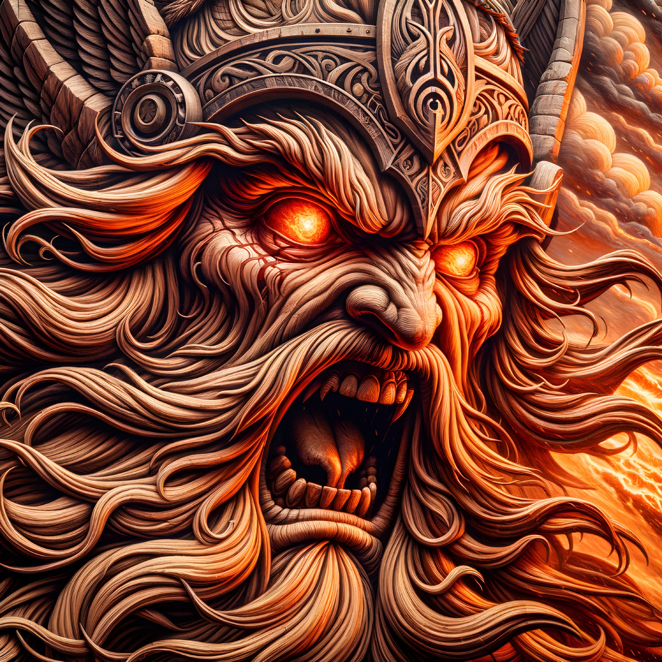 Mythical Figure with Fiery Hair and Intense Expression