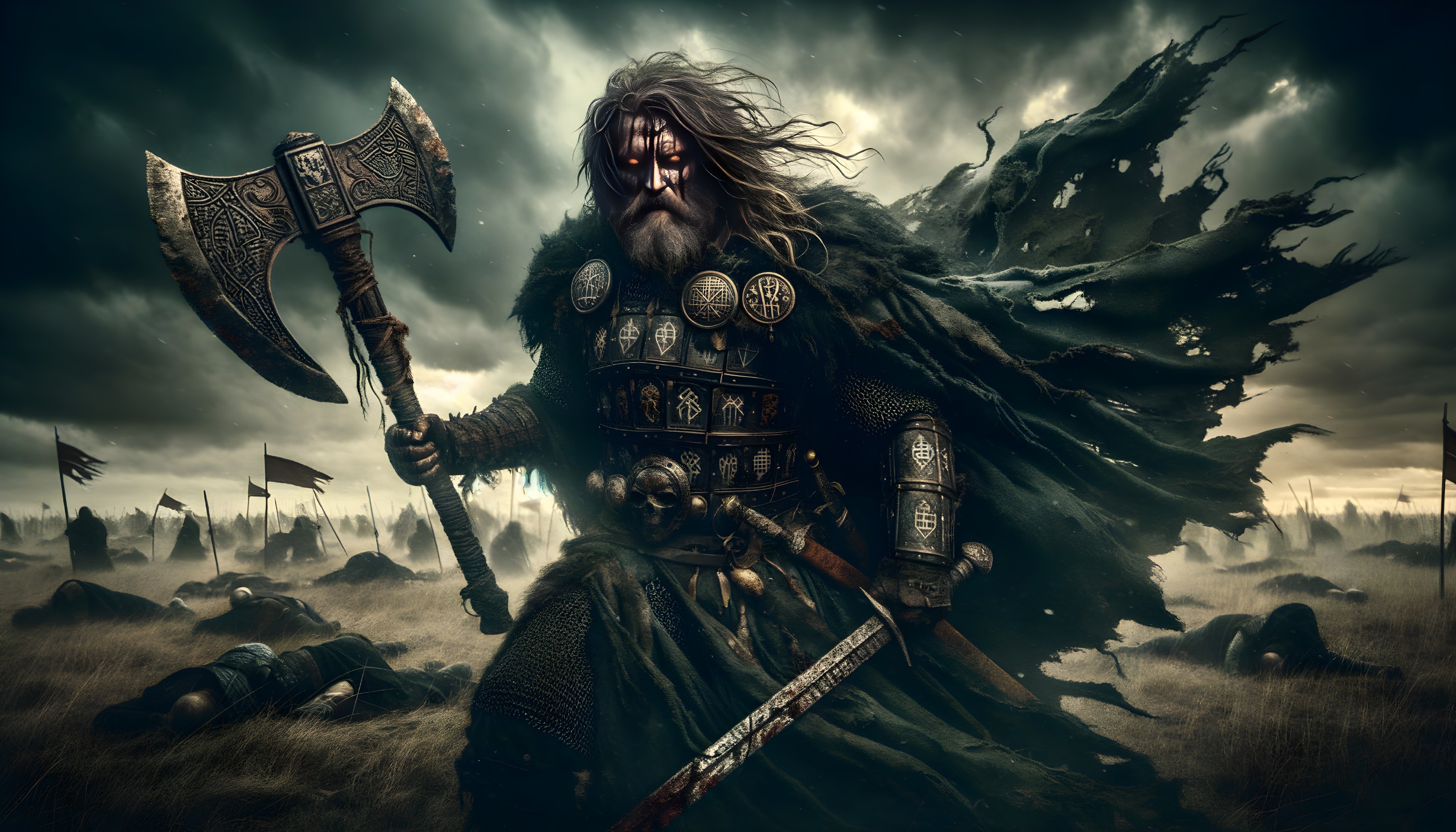 Fierce Warrior in Stormy Landscape with Battle Remnants