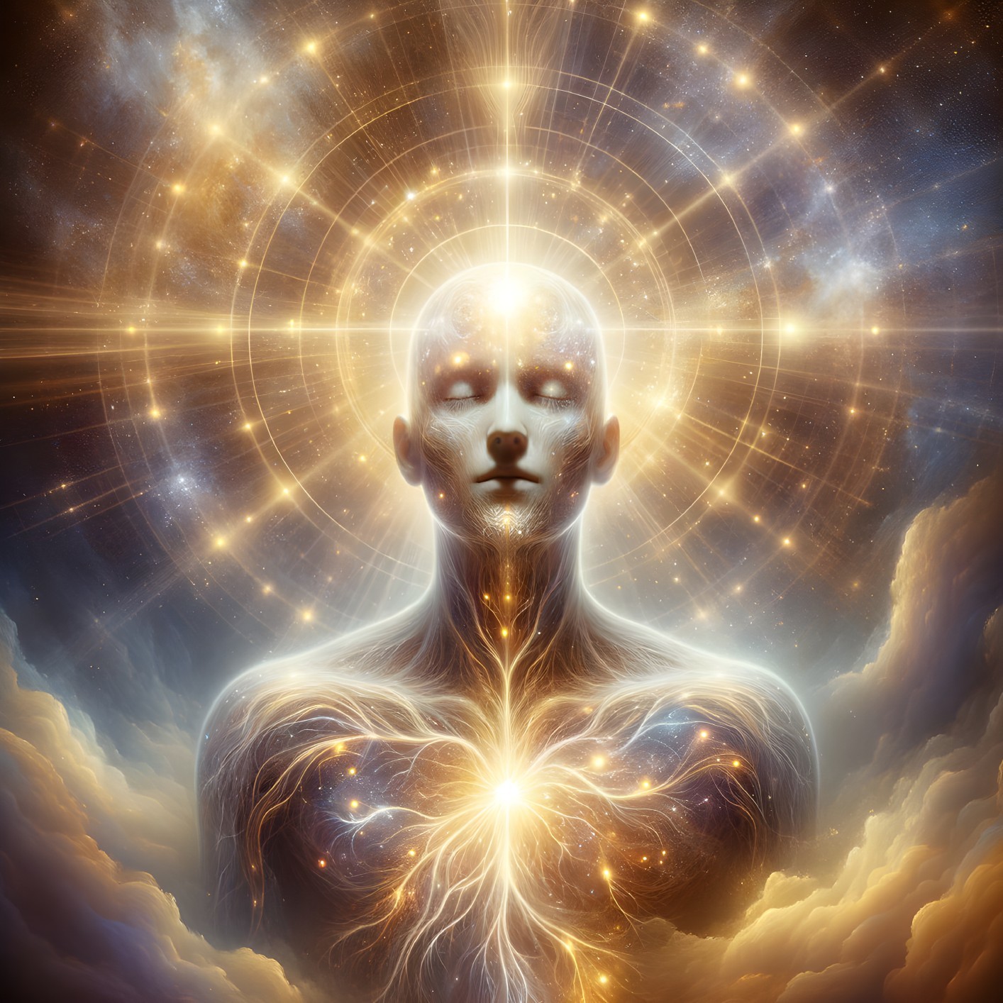Luminous Figure with Cosmic Background and Golden Light