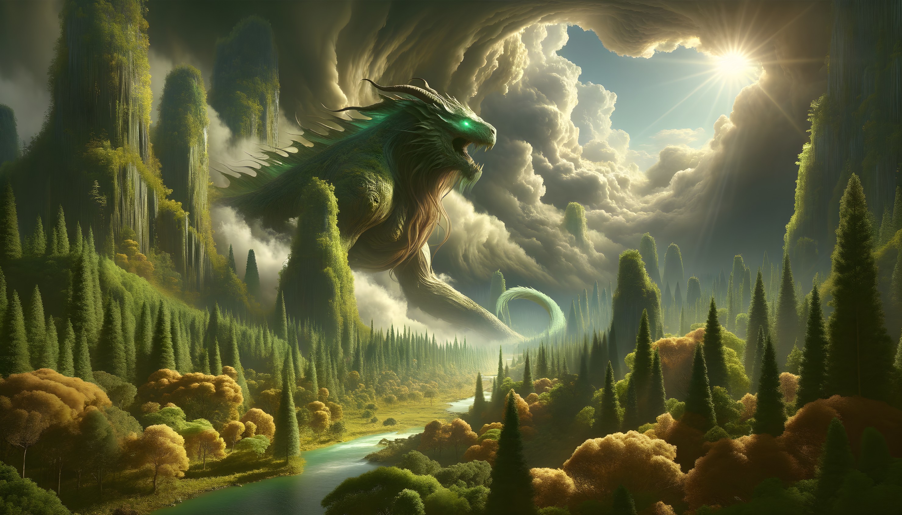 Mythical Creature in Lush Fantasy Landscape with River
