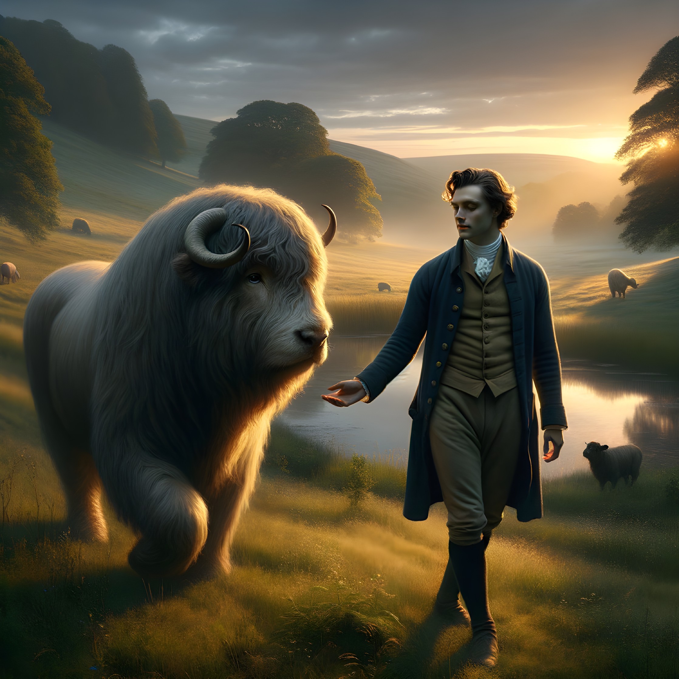 Young Man and Bison in Serene Dawn Landscape