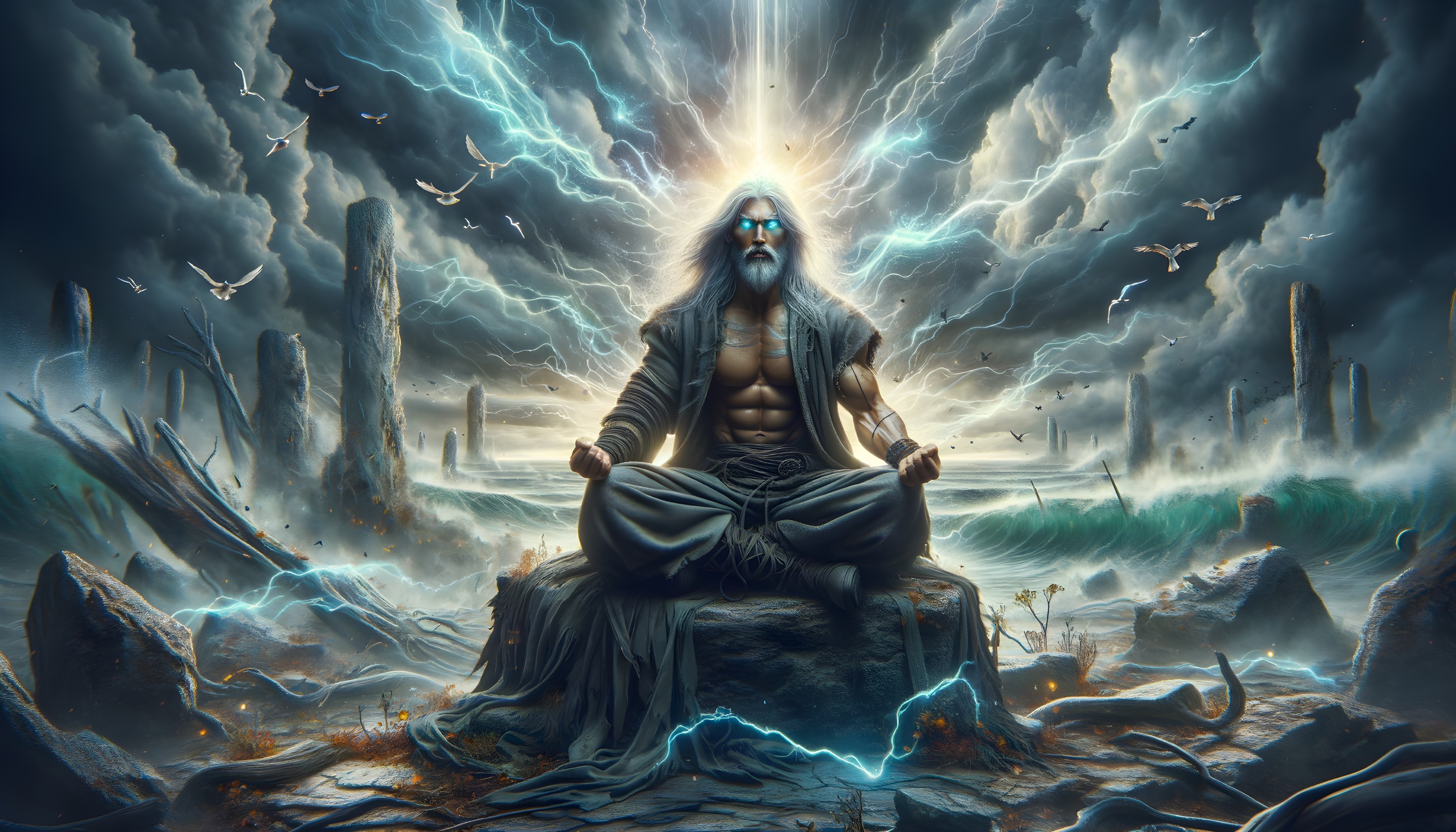 Mystical Figure Meditating in Stormy Landscape