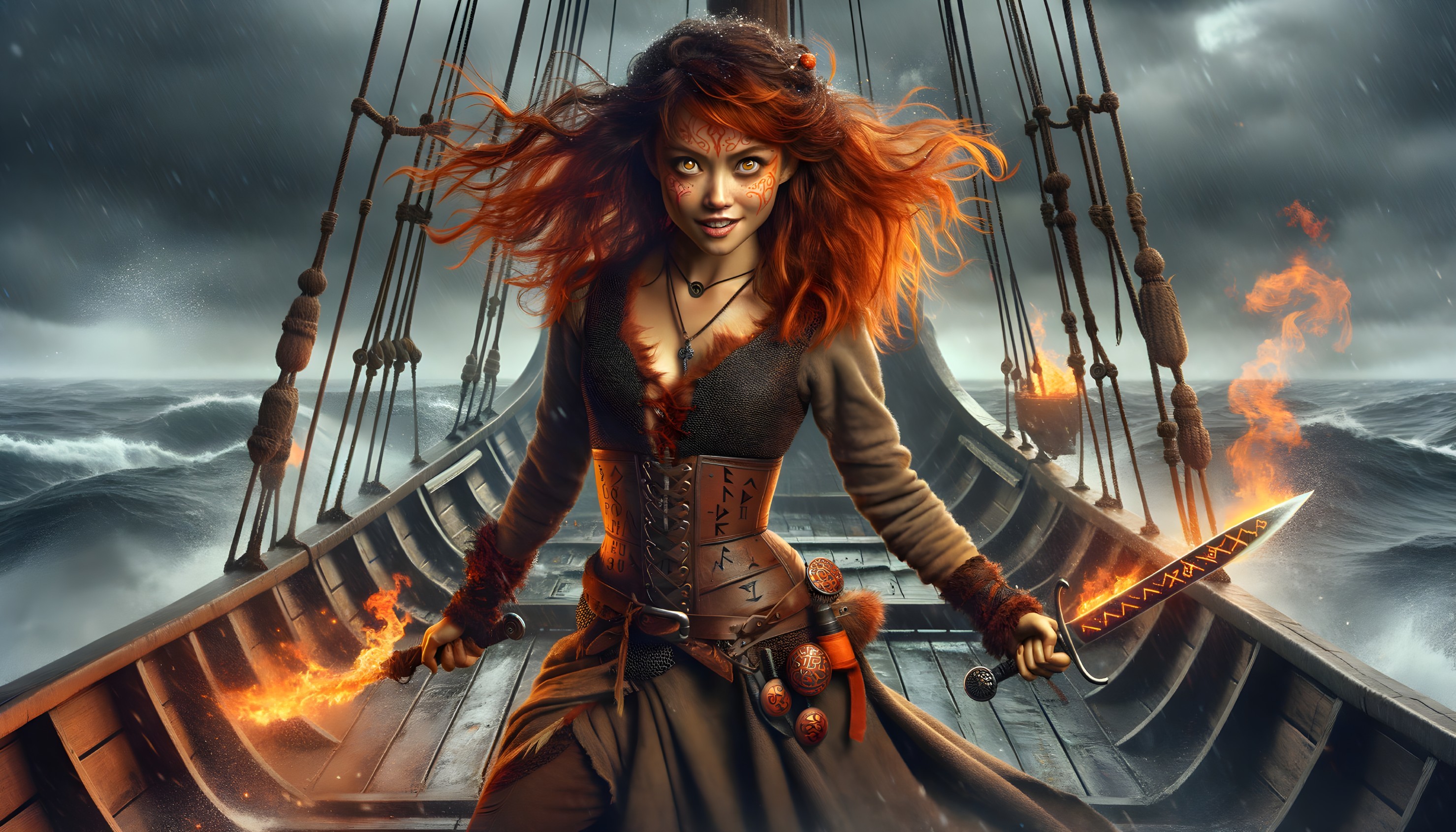 Young pirate with glowing sword on stormy ship deck