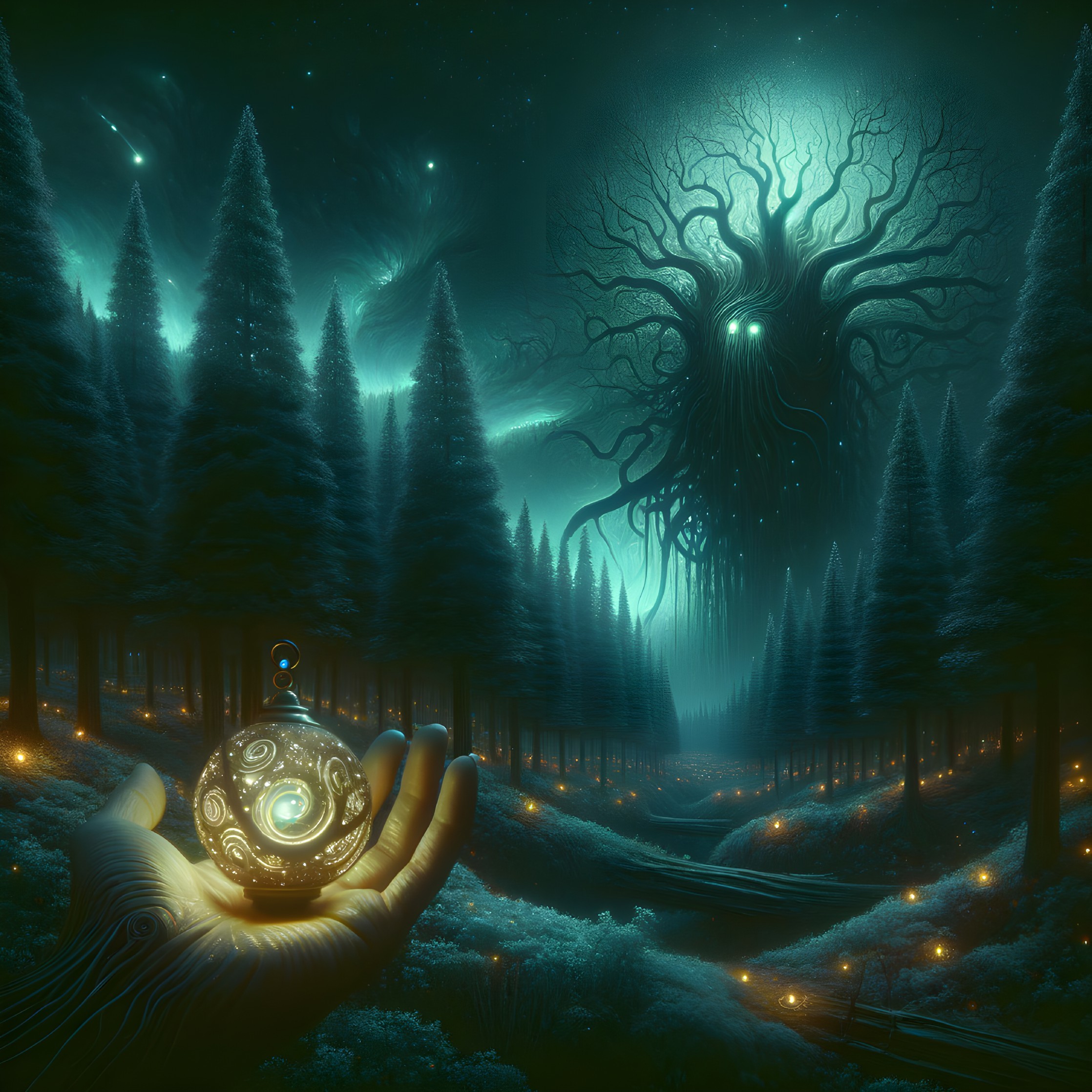 Mystical forest with glowing orb and ethereal figure