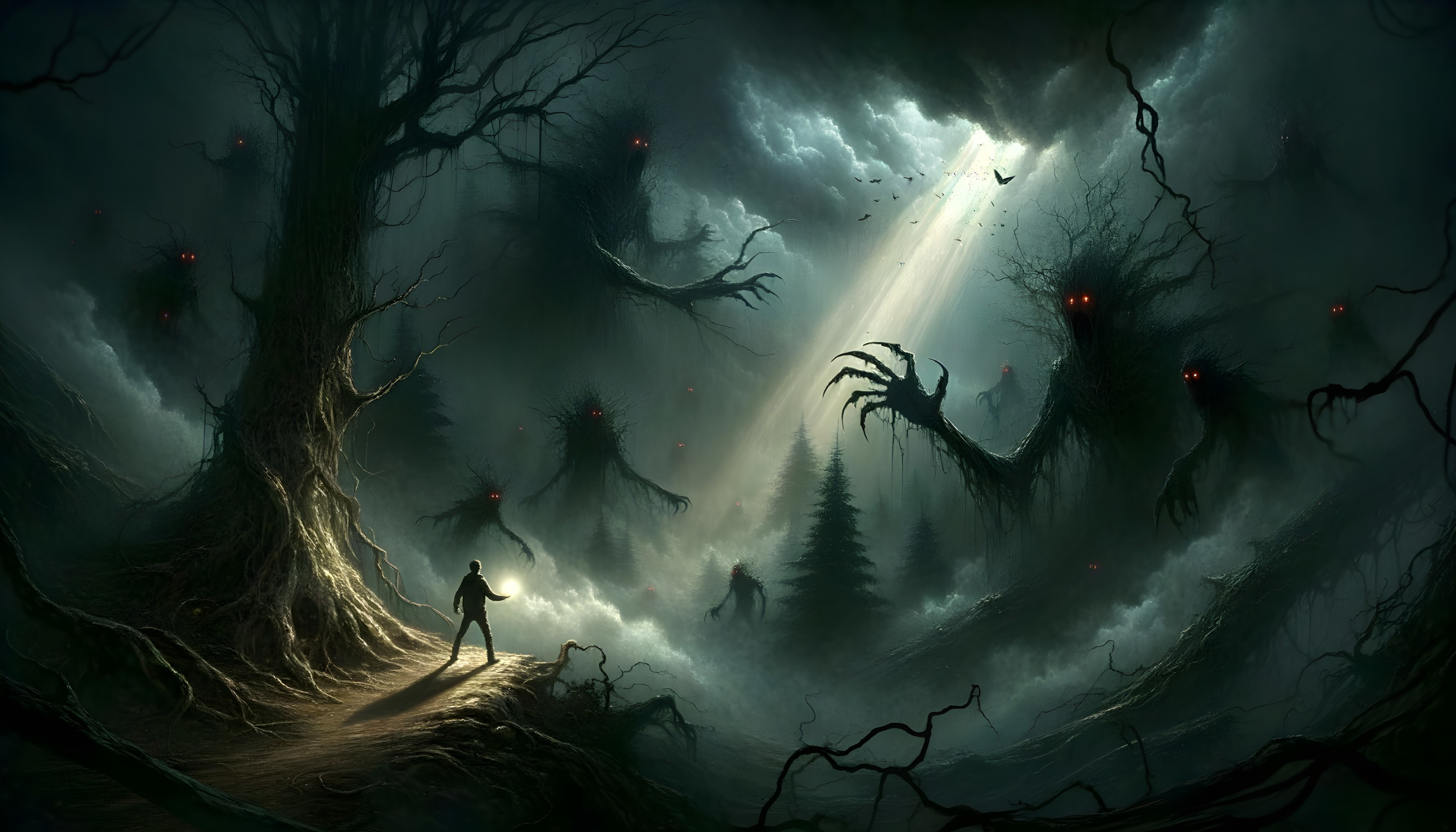 Lone Figure in Dark Forest with Ominous Creatures