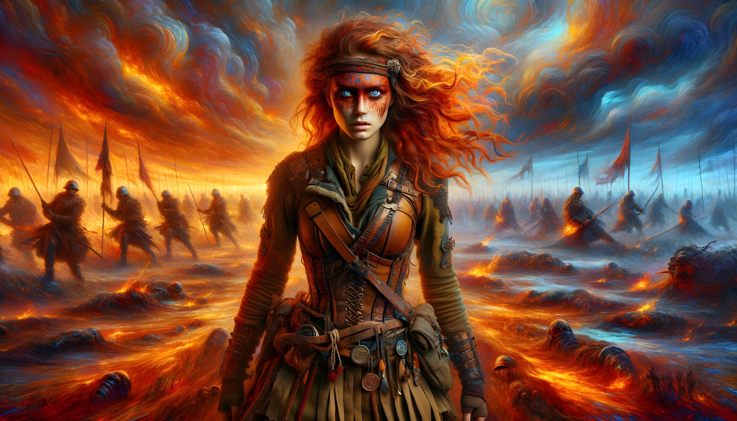 Fierce warrior with red hair in fiery battlefield scene