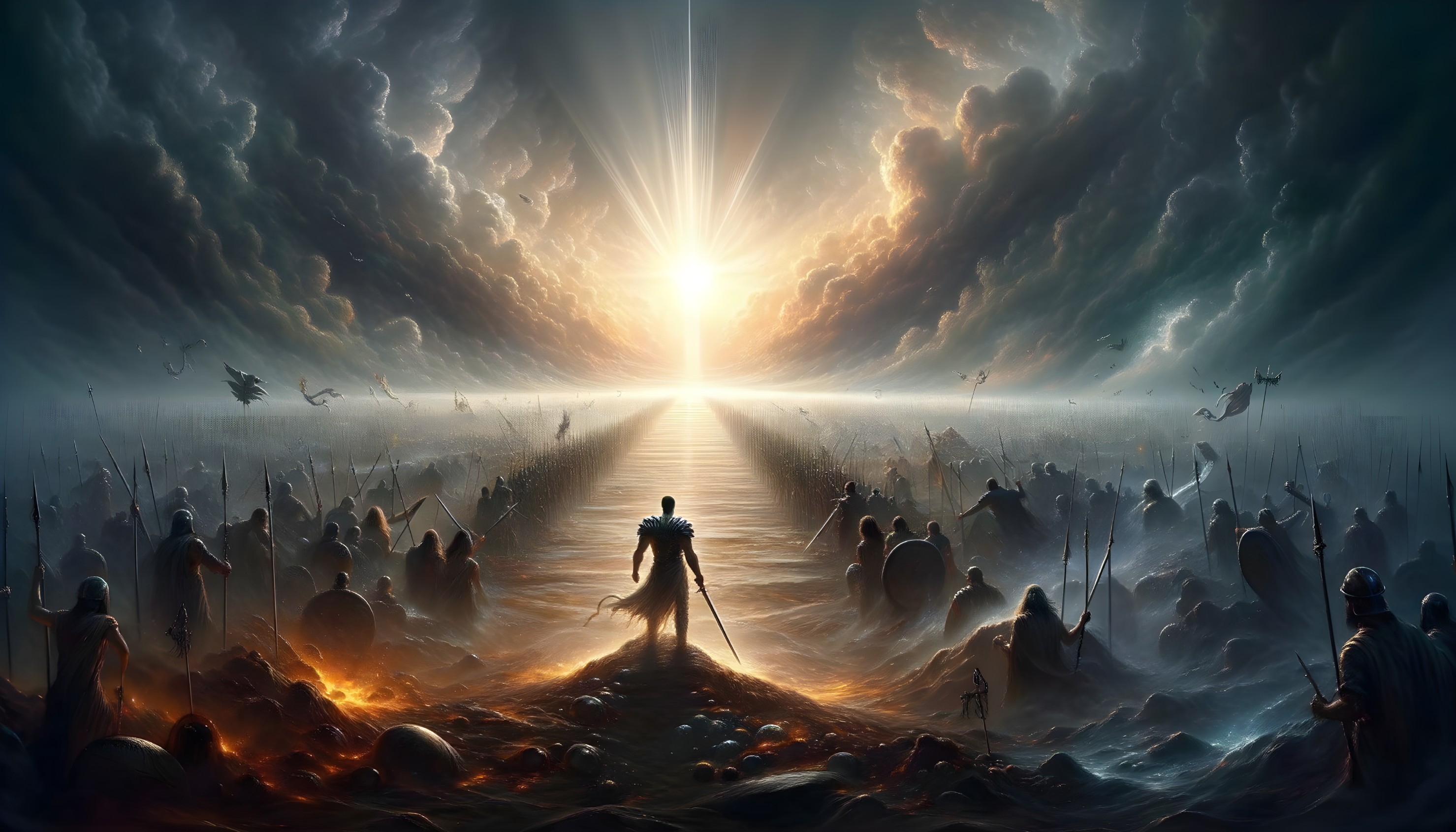 Battlefield at Dawn with Lone Warrior and Light