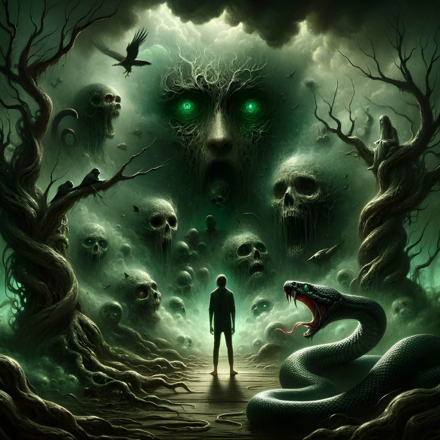 Eerie Landscape with Ghostly Faces and Serpent
